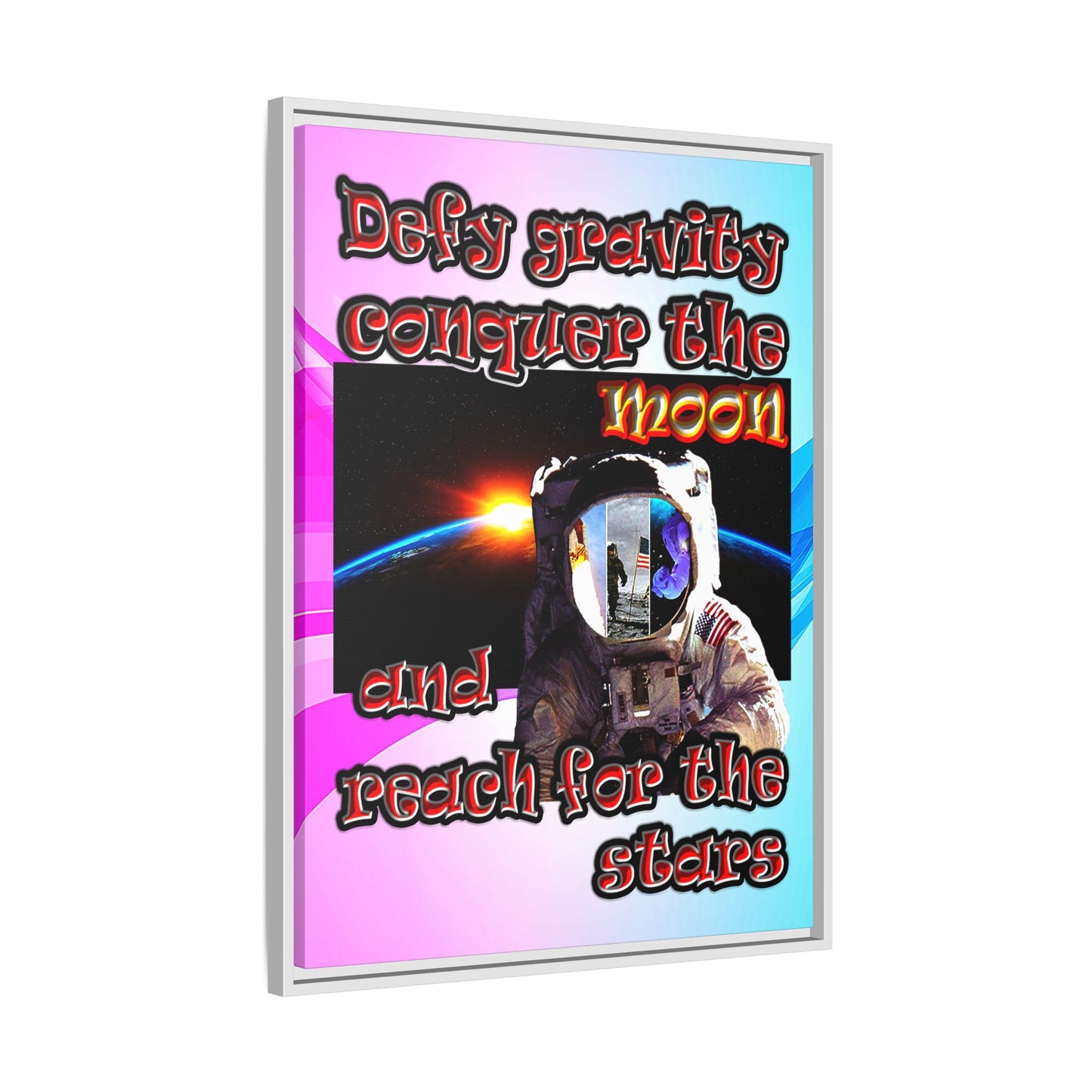 defy conquer reach - framed canvas art (light blue-pink wave)