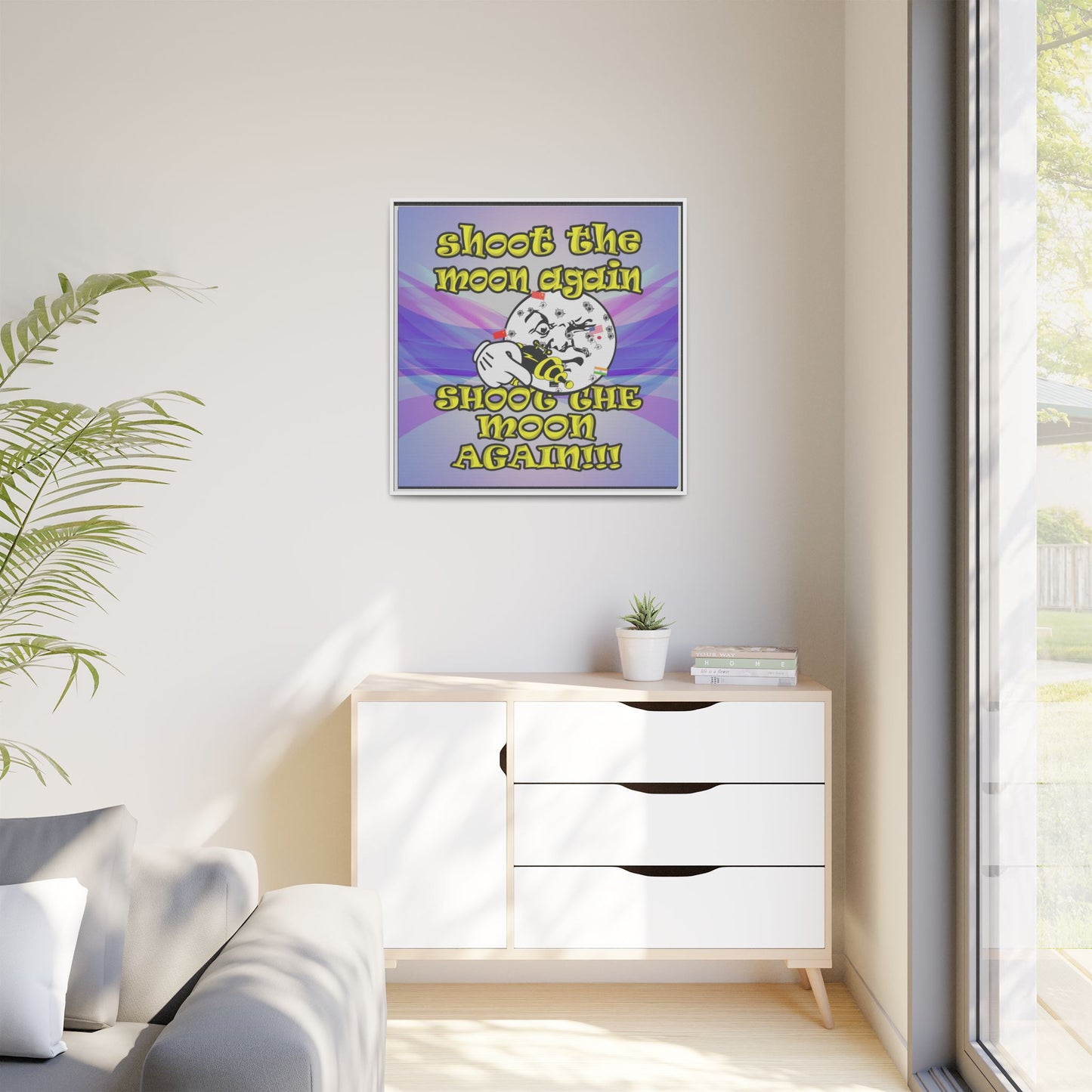 shoot the moon again - framed canvas art (light blue-pink wave)