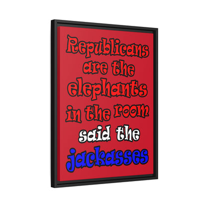 donkeys and elephants - framed canvas art (dark red)