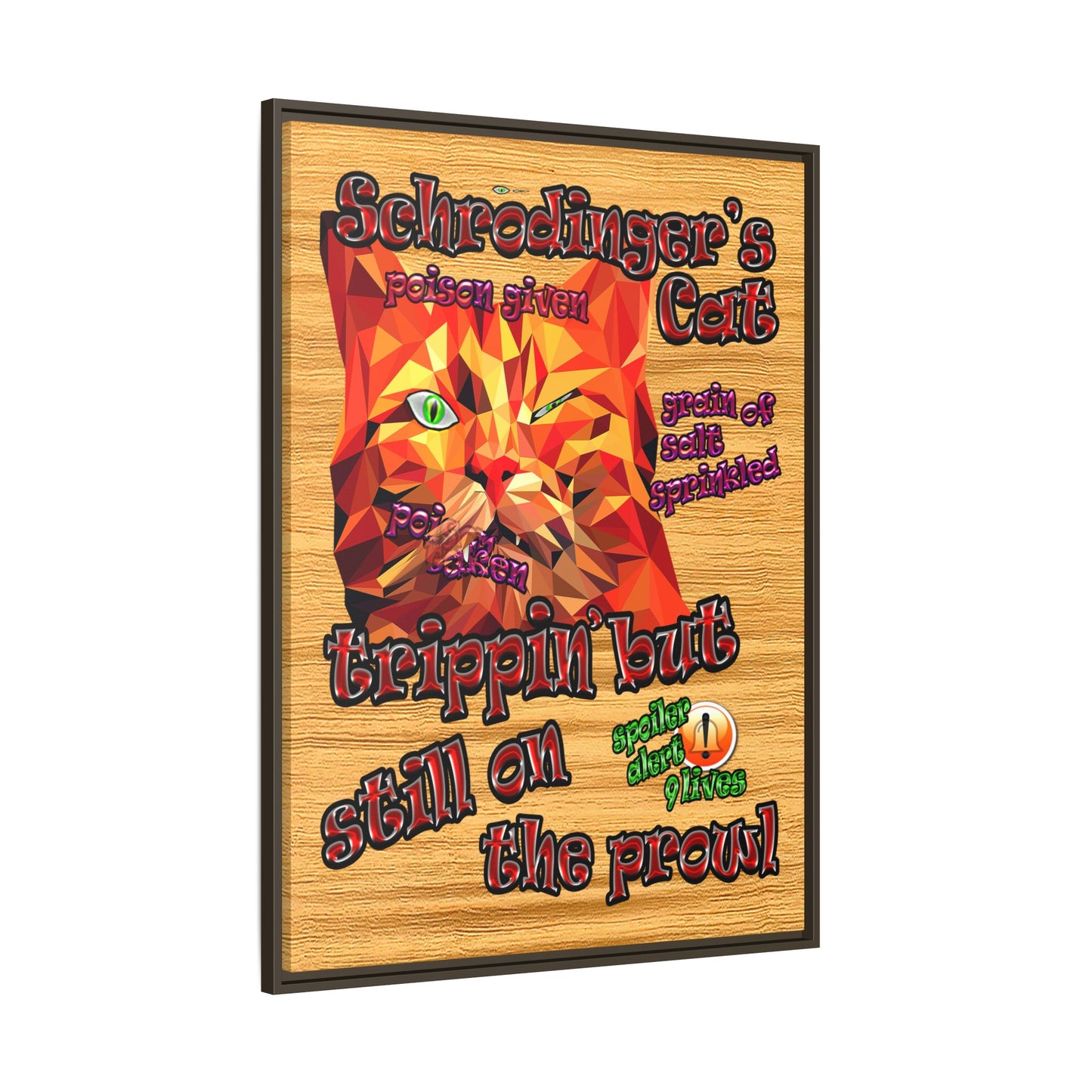 schrodinger's cat - framed canvas art (butterscotch wood finish)