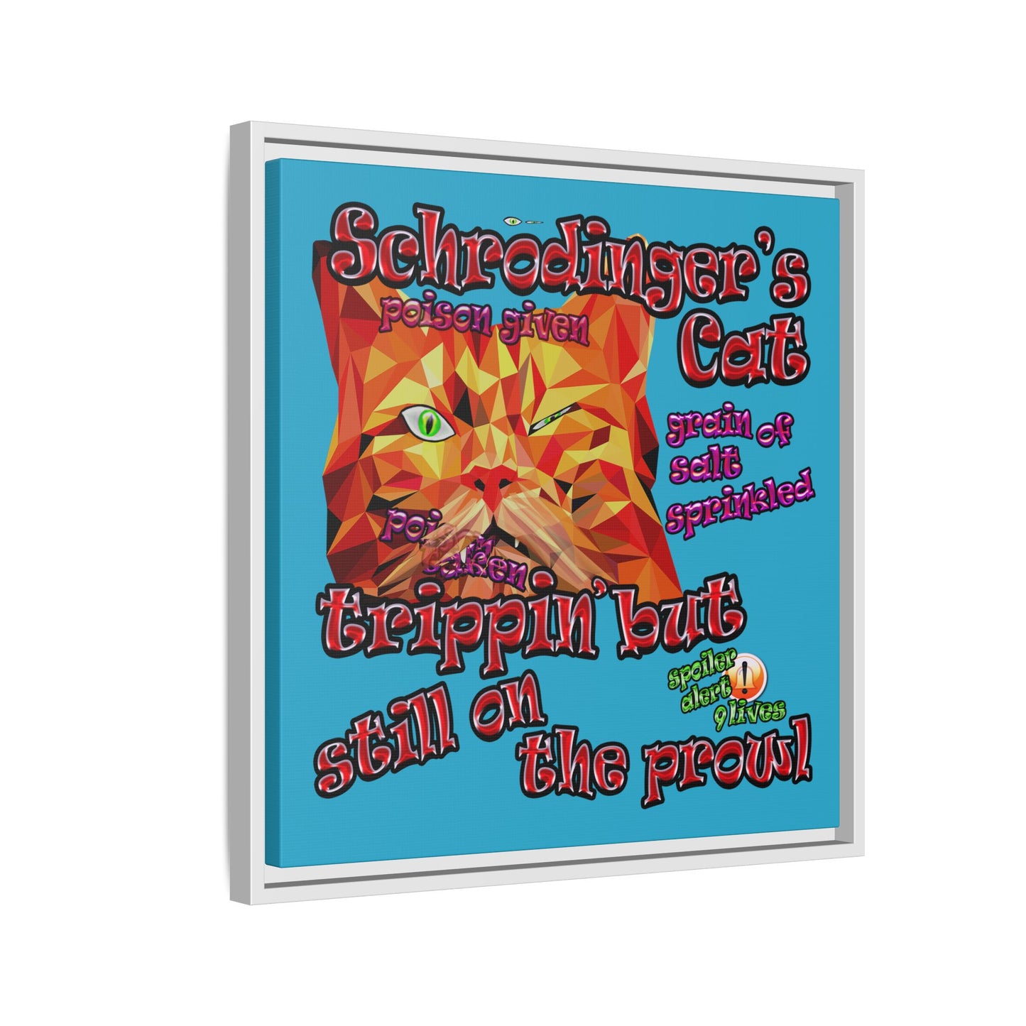 schrodinger's cat - framed canvas art (turquoise)