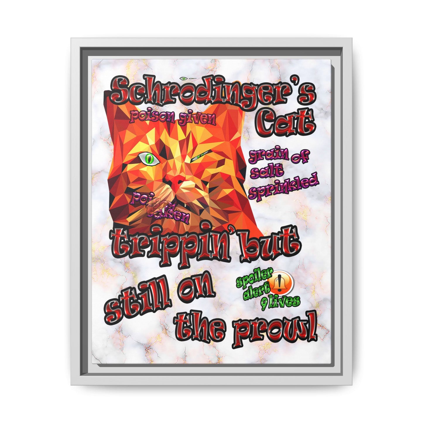 schrodinger's cat - framed canvas art (white marble)