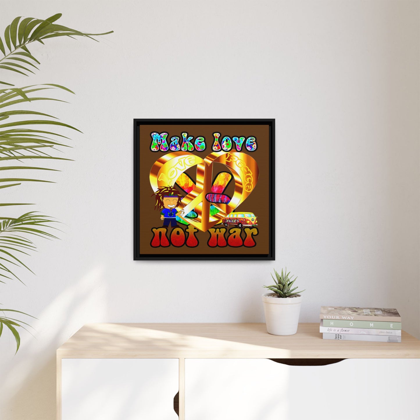 love peace - framed canvas art (brown)