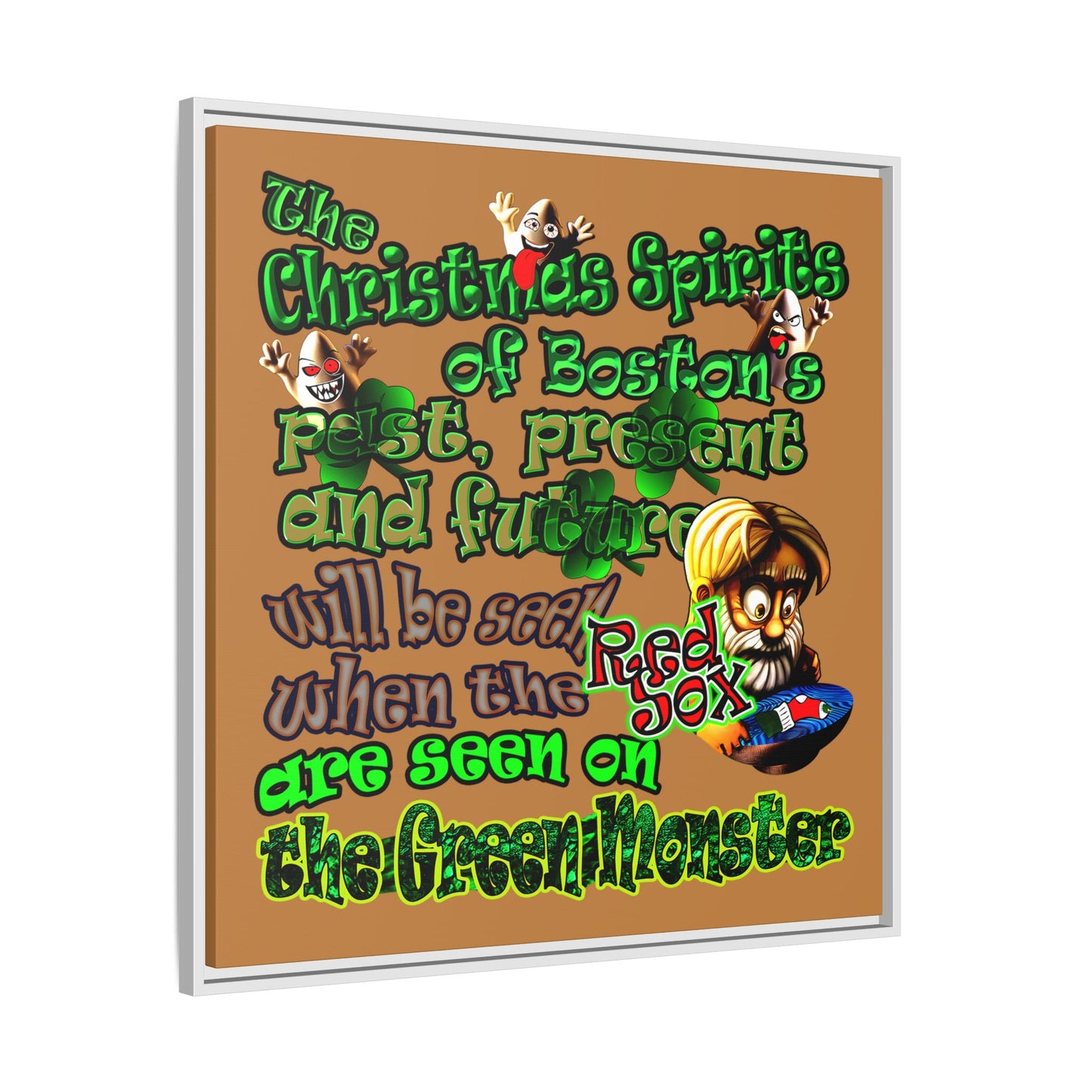 christmas spirits of boston - framed canvas art (light brown)