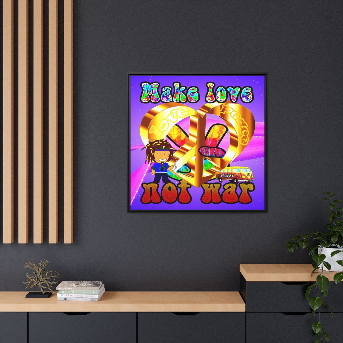 love peace - framed canvas art (purple-pink wave)
