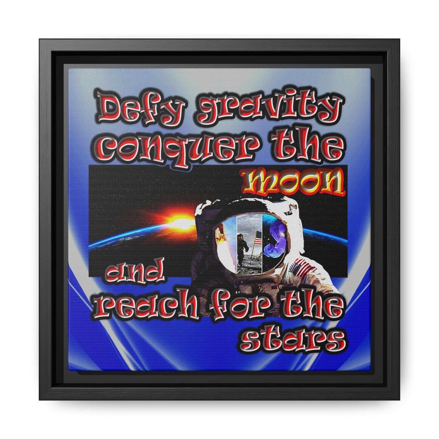 defy conquer reach - framed canvas art (blue-white wave)