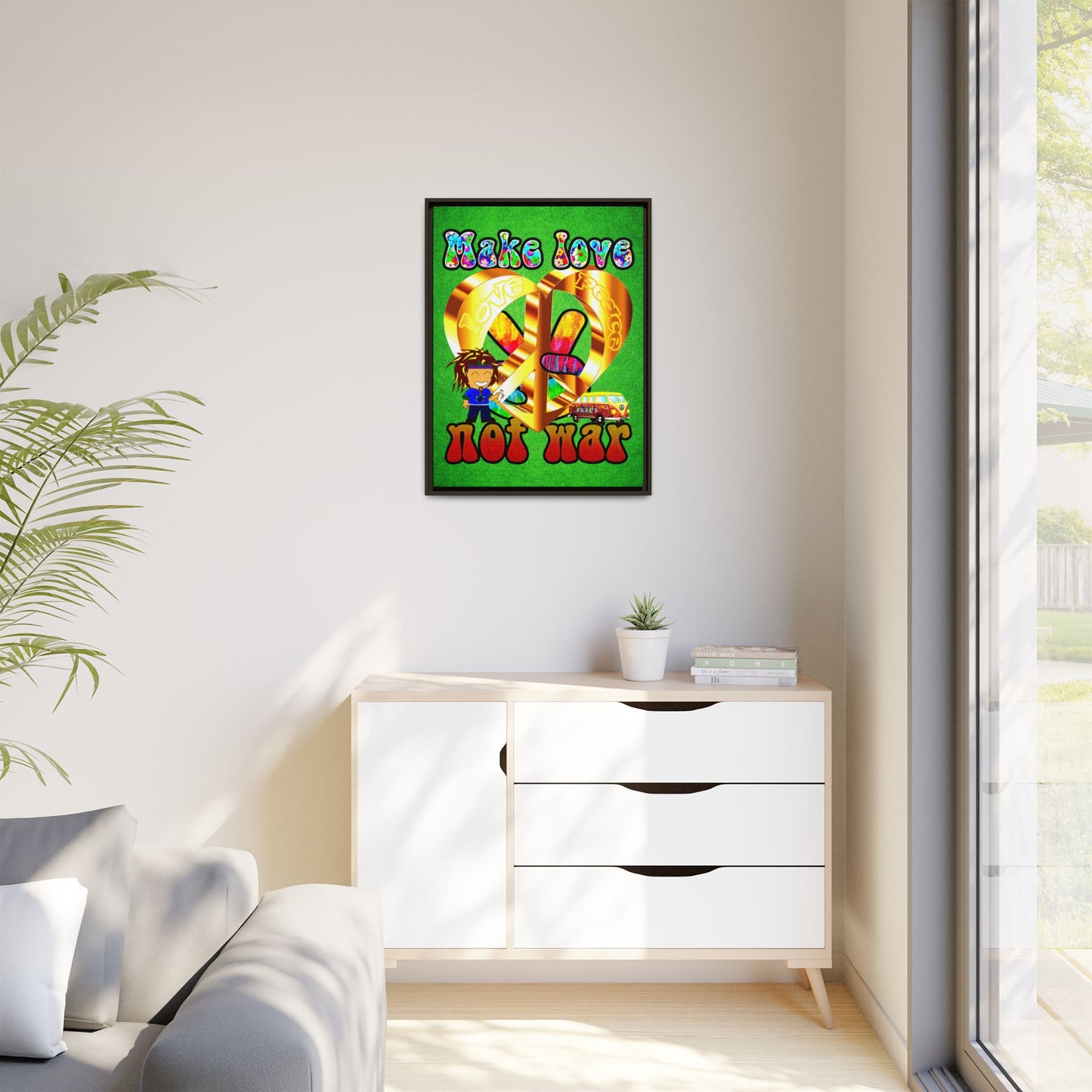 love peace - framed canvas art (green turf)