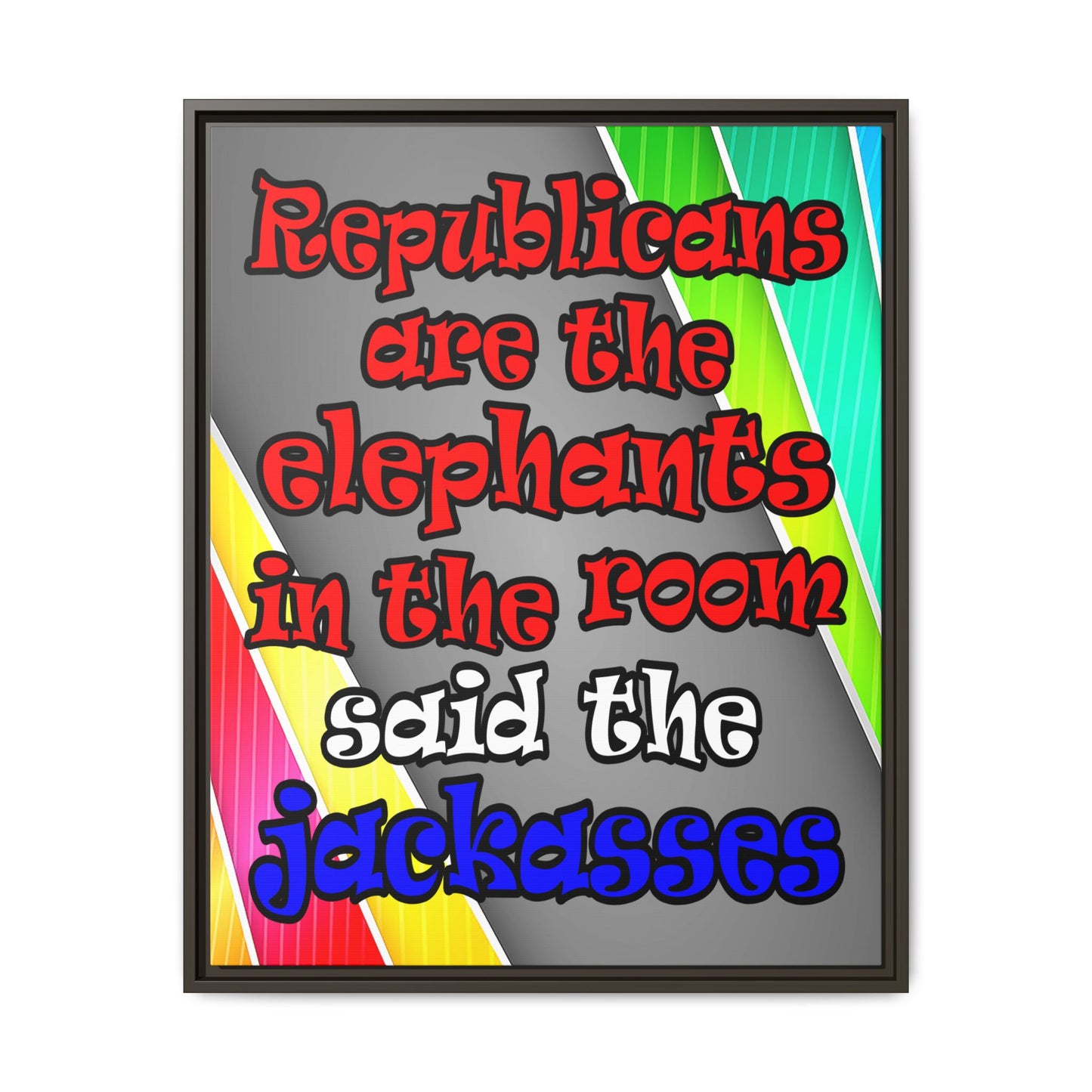 donkeys and elephants - framed canvas art (rainbow split)