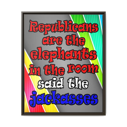 donkeys and elephants - framed canvas art (rainbow split)