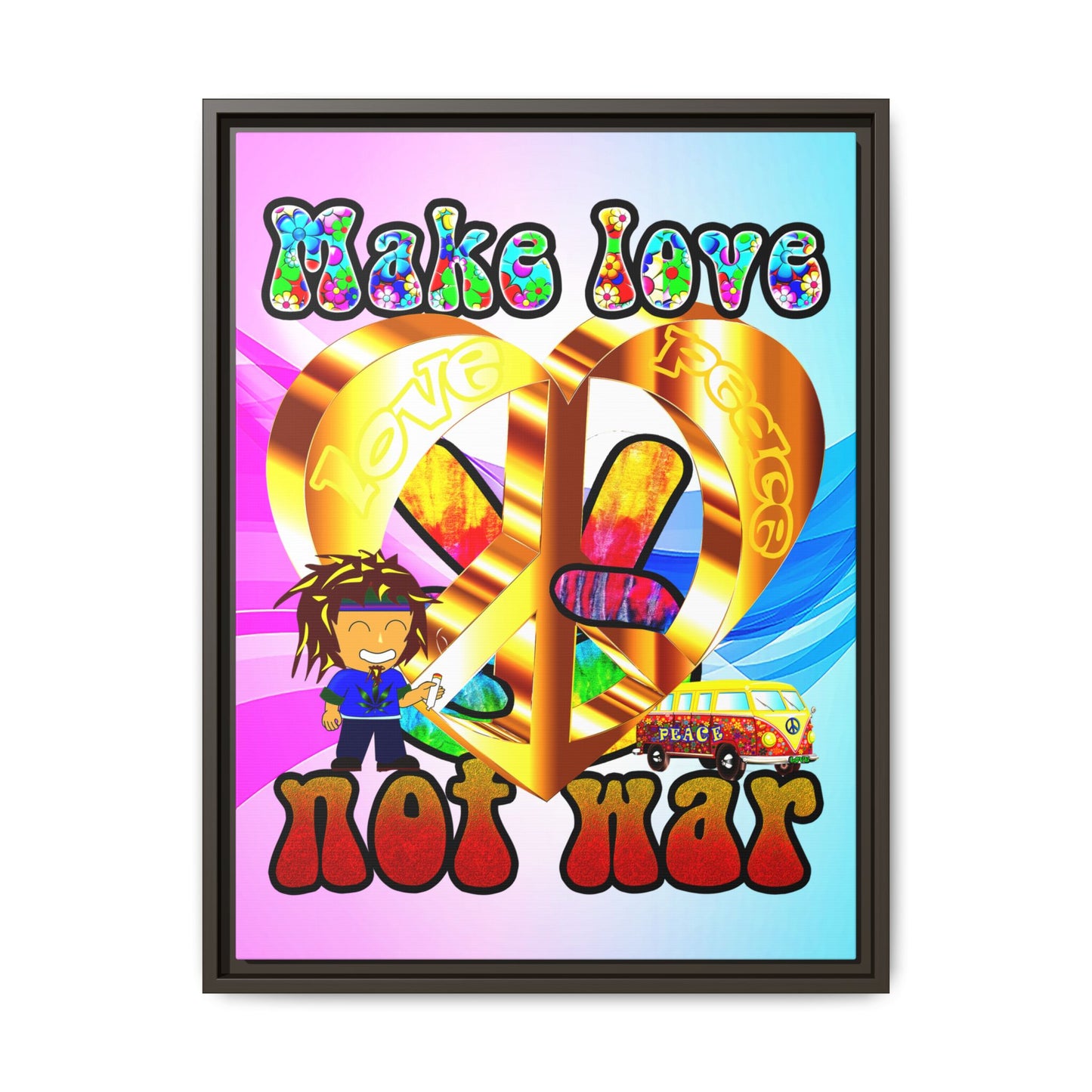 love peace - framed canvas art (light blue-pink wave)