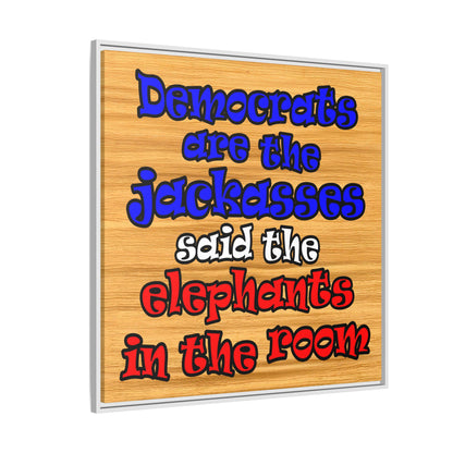 donkeys and elephants - framed canvas art (butterscotch wood finish)