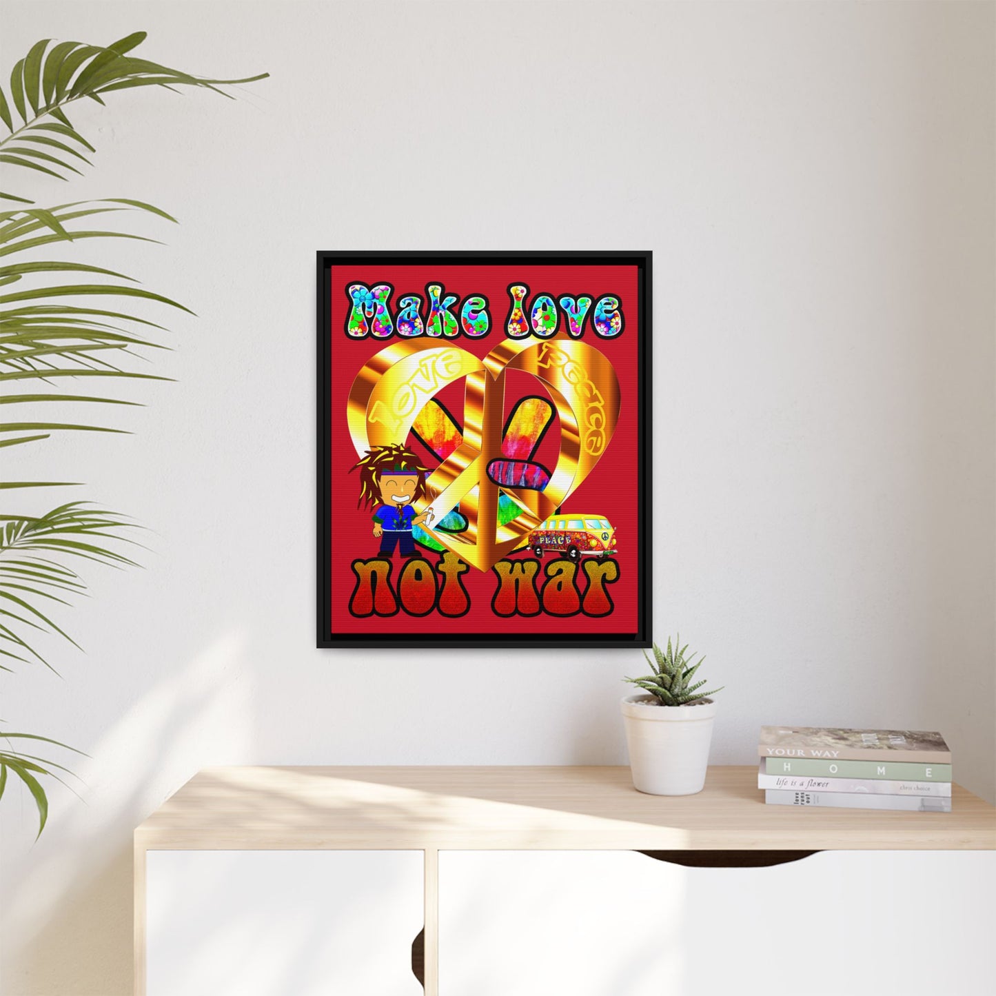 love peace - framed canvas art (dark red)