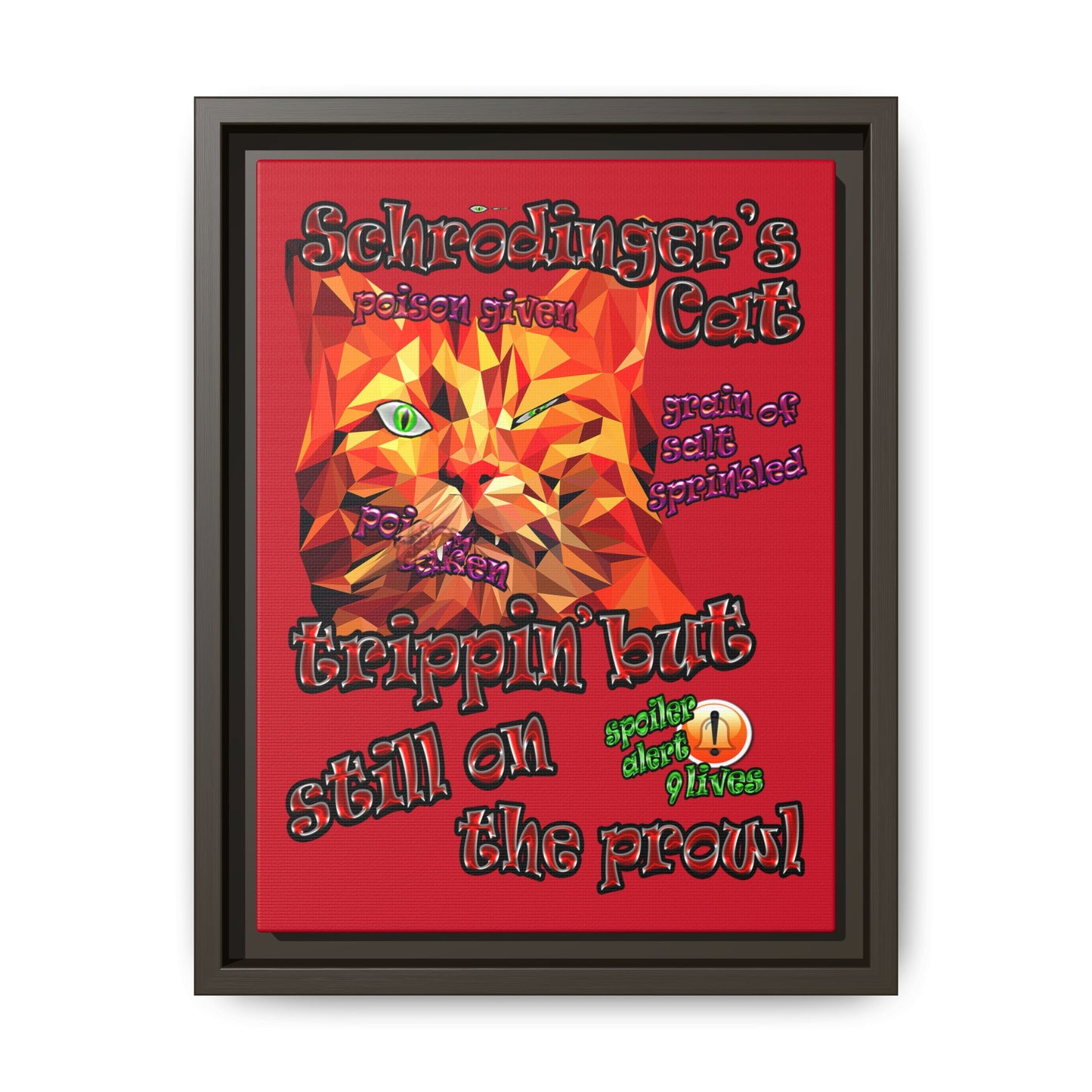 schrodinger's cat - framed canvas art (dark red)