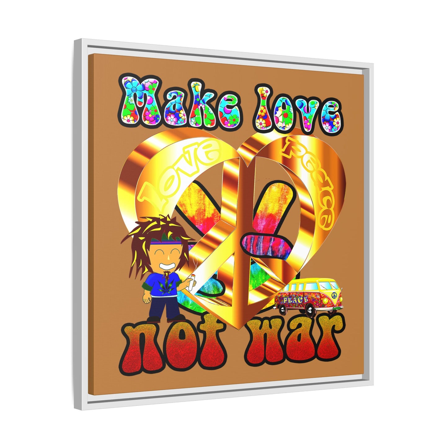 love peace - framed canvas art (light brown)