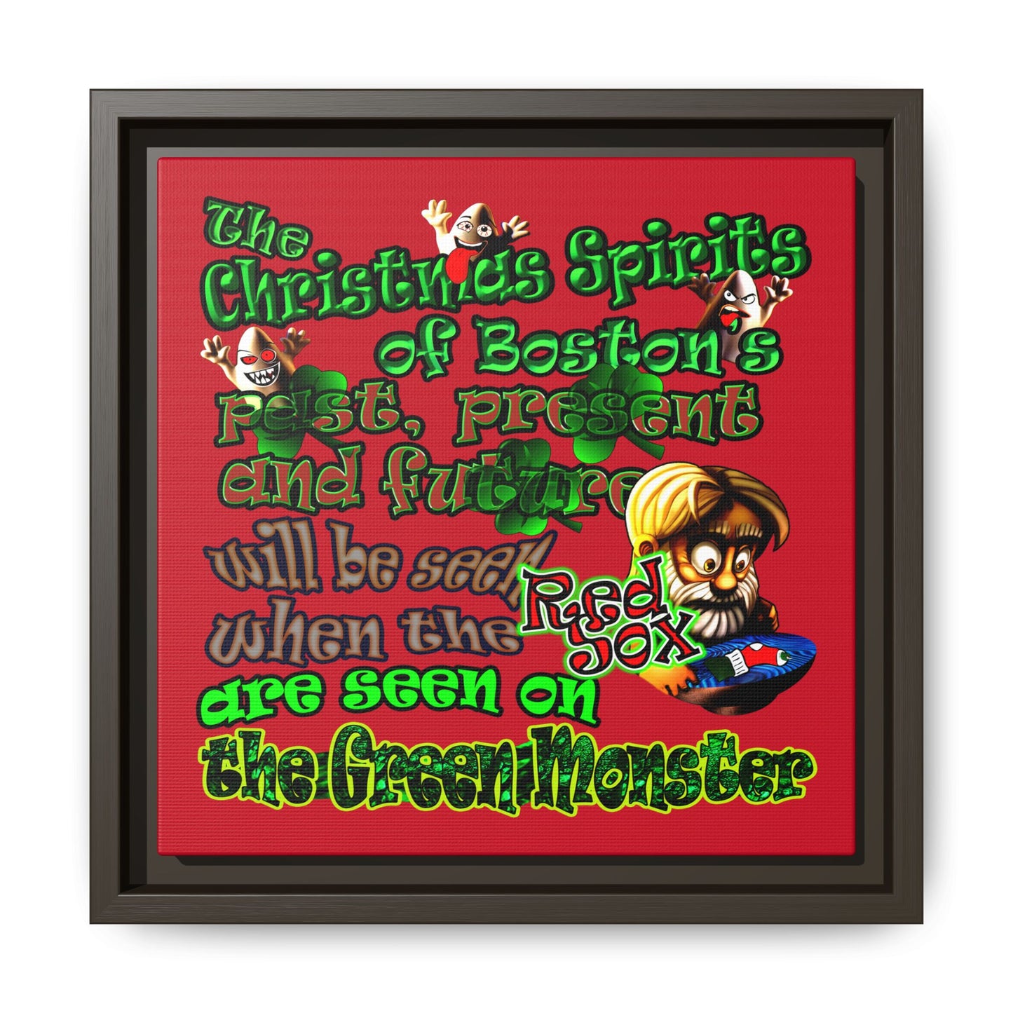 christmas spirits of boston - framed canvas art (dark red)