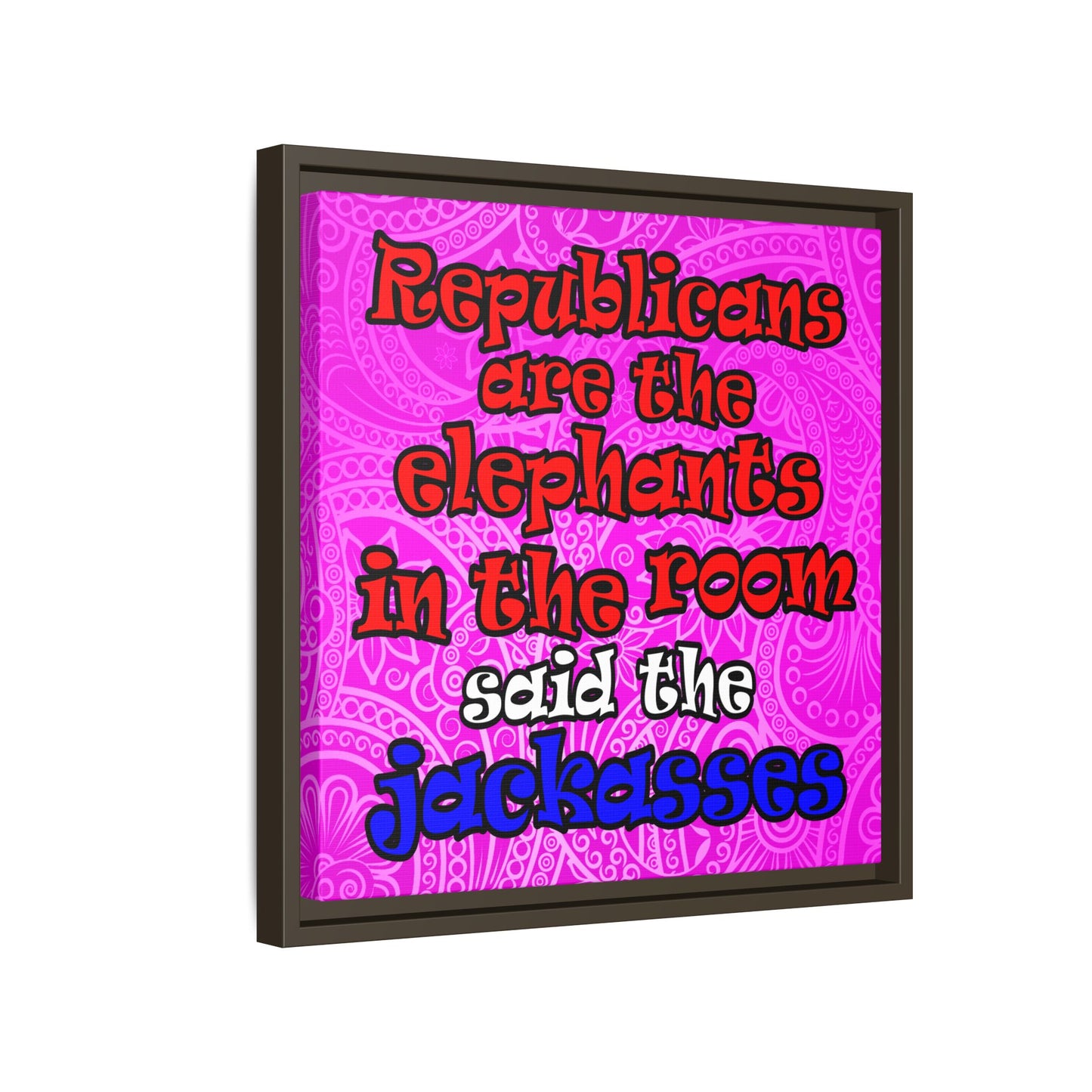 donkeys and elephants - framed canvas art (pink swirl)