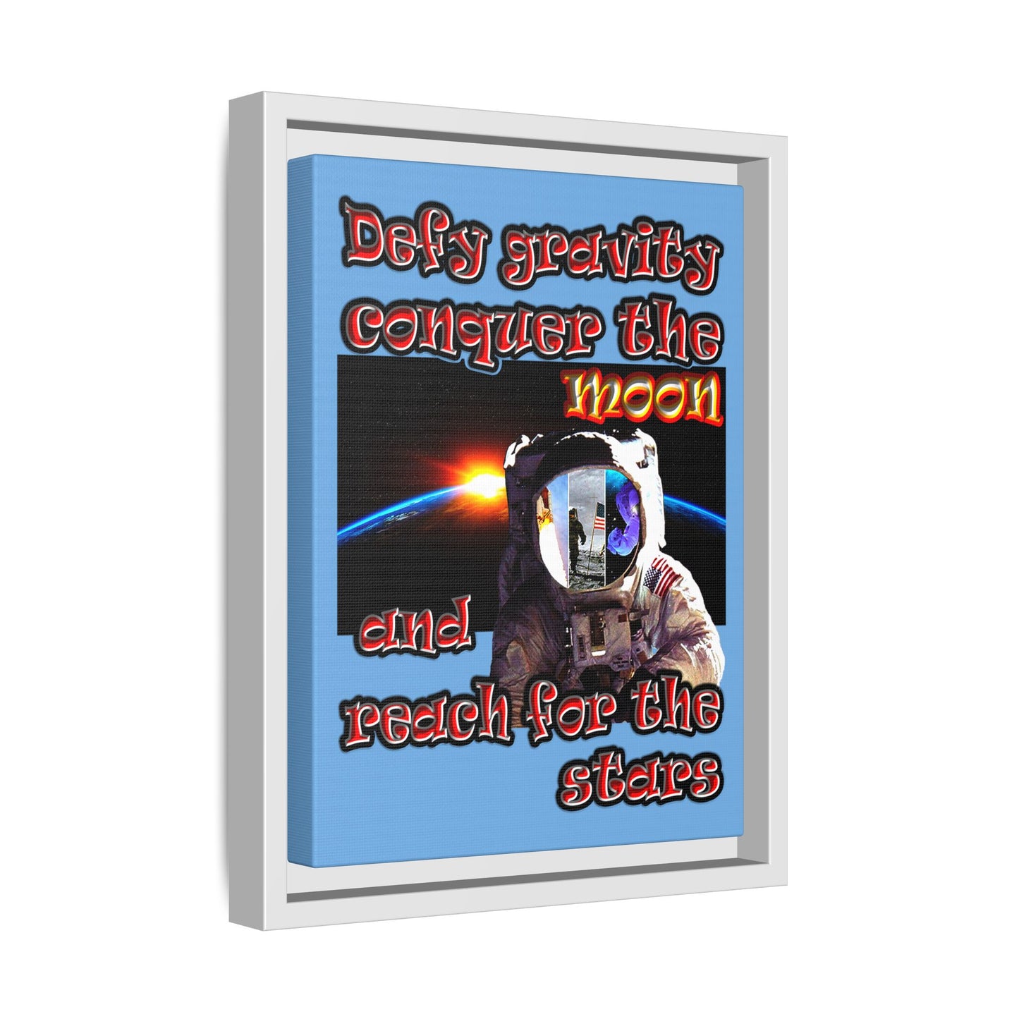defy conquer reach - framed canvas art (light blue)