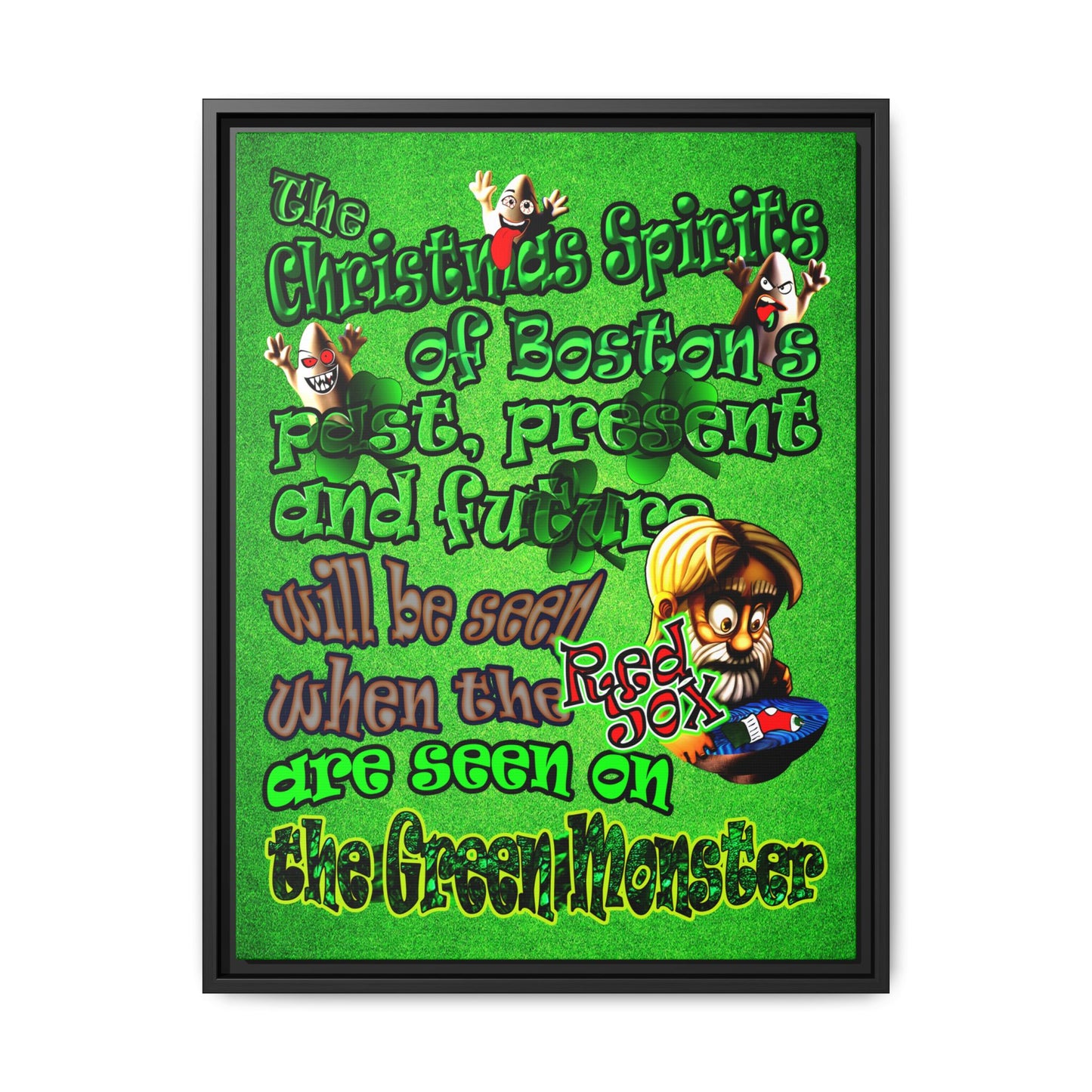 christmas spirits of boston - framed canvas art (green turf)