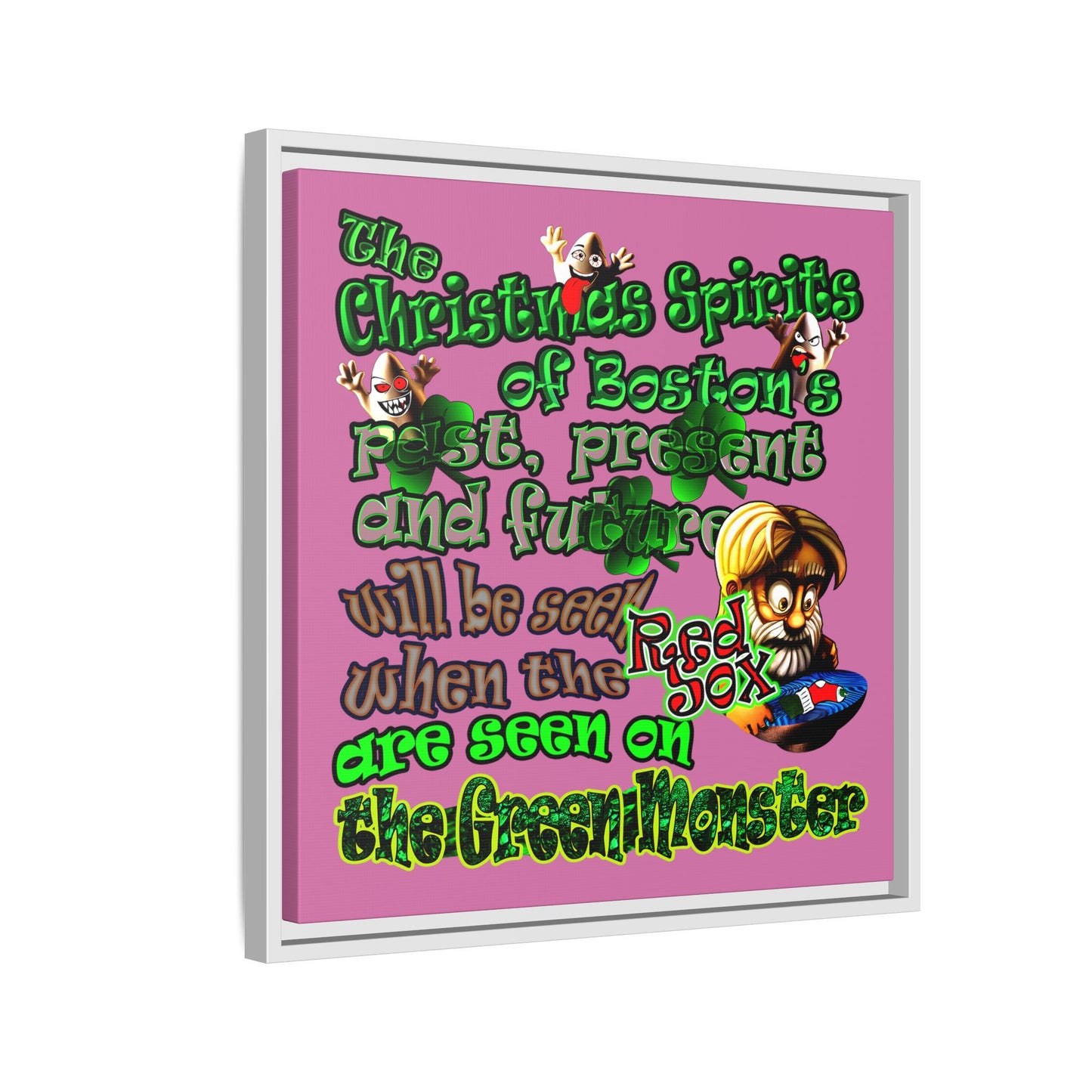 christmas spirits of boston - framed canvas art (light pink)