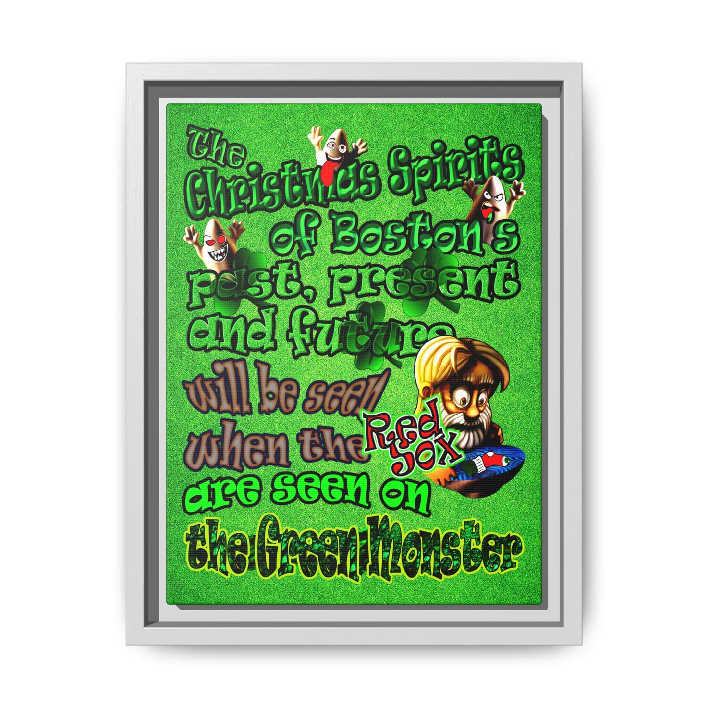 christmas spirits of boston - framed canvas art (green turf)