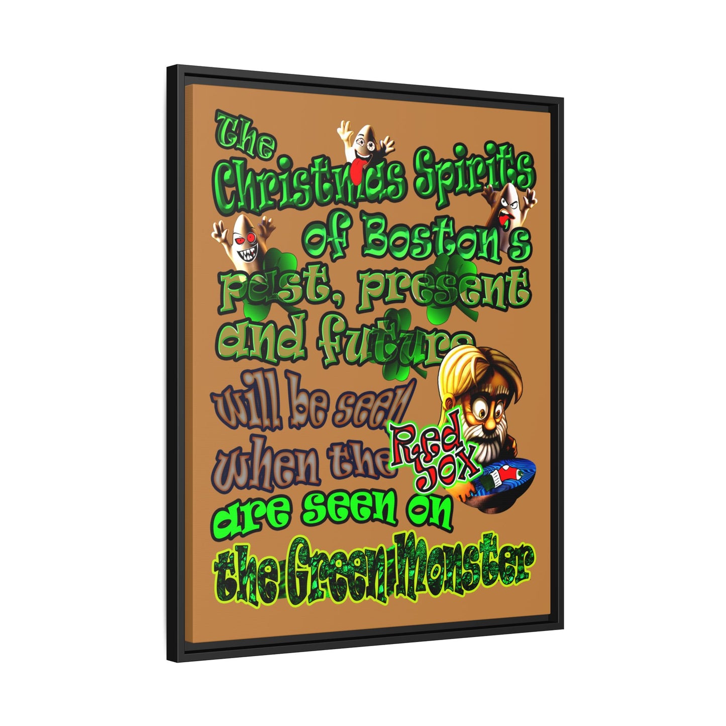 christmas spirits of boston - framed canvas art (light brown)