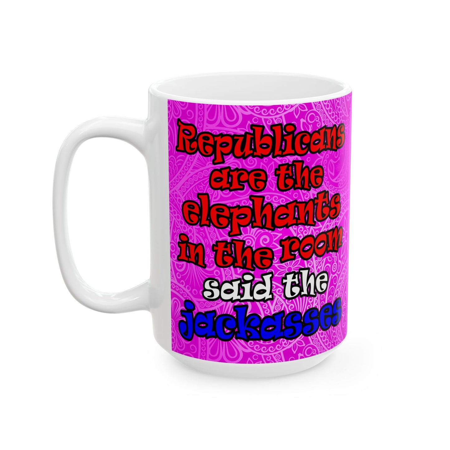donkeys and elephants - White Mug (pink swirl)