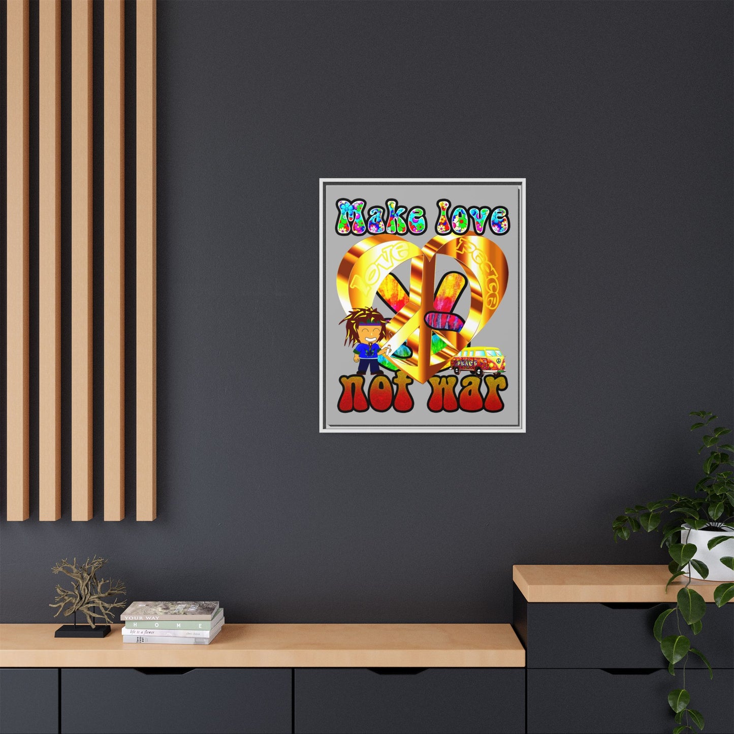 love peace - framed canvas art (light grey)
