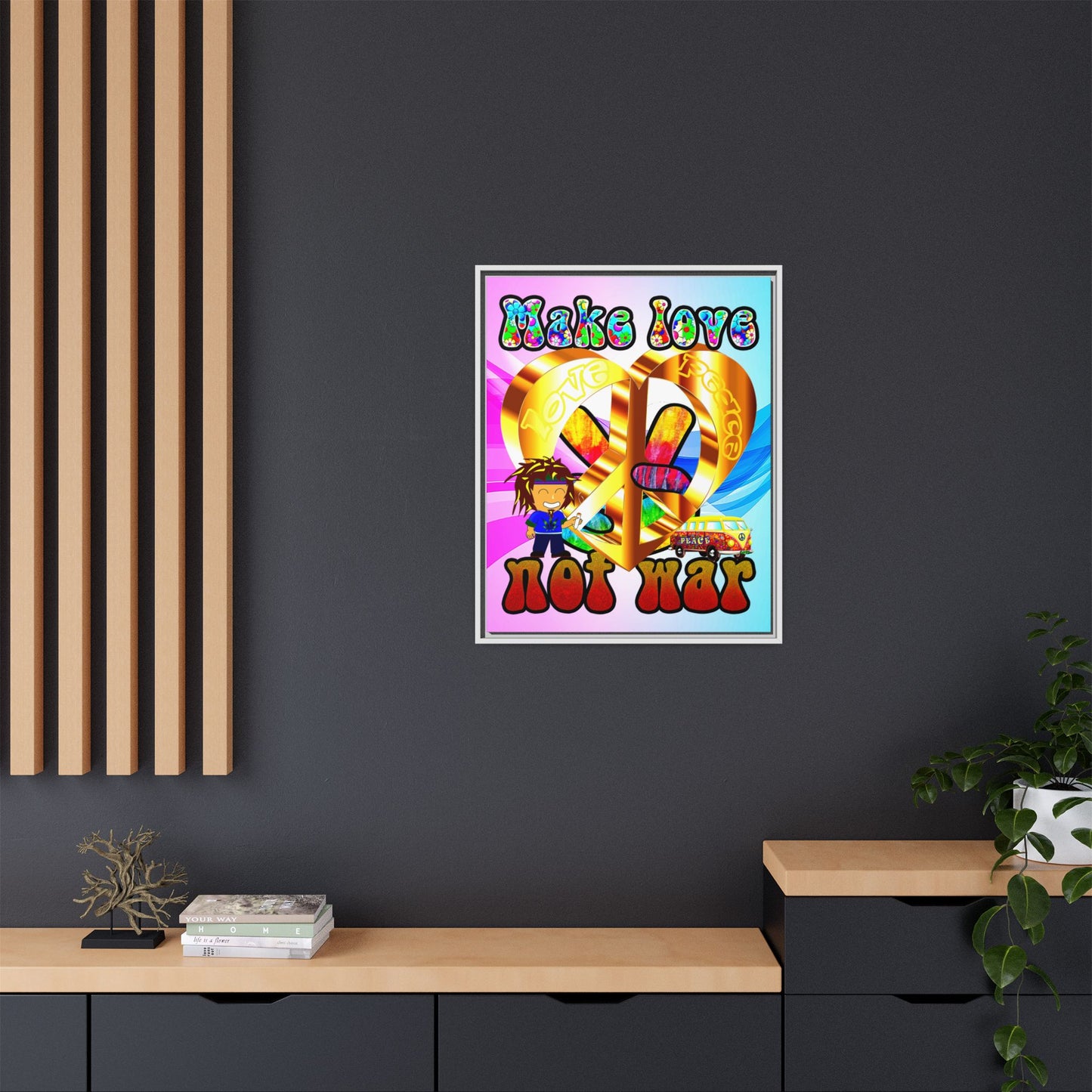 love peace - framed canvas art (light blue-pink wave)