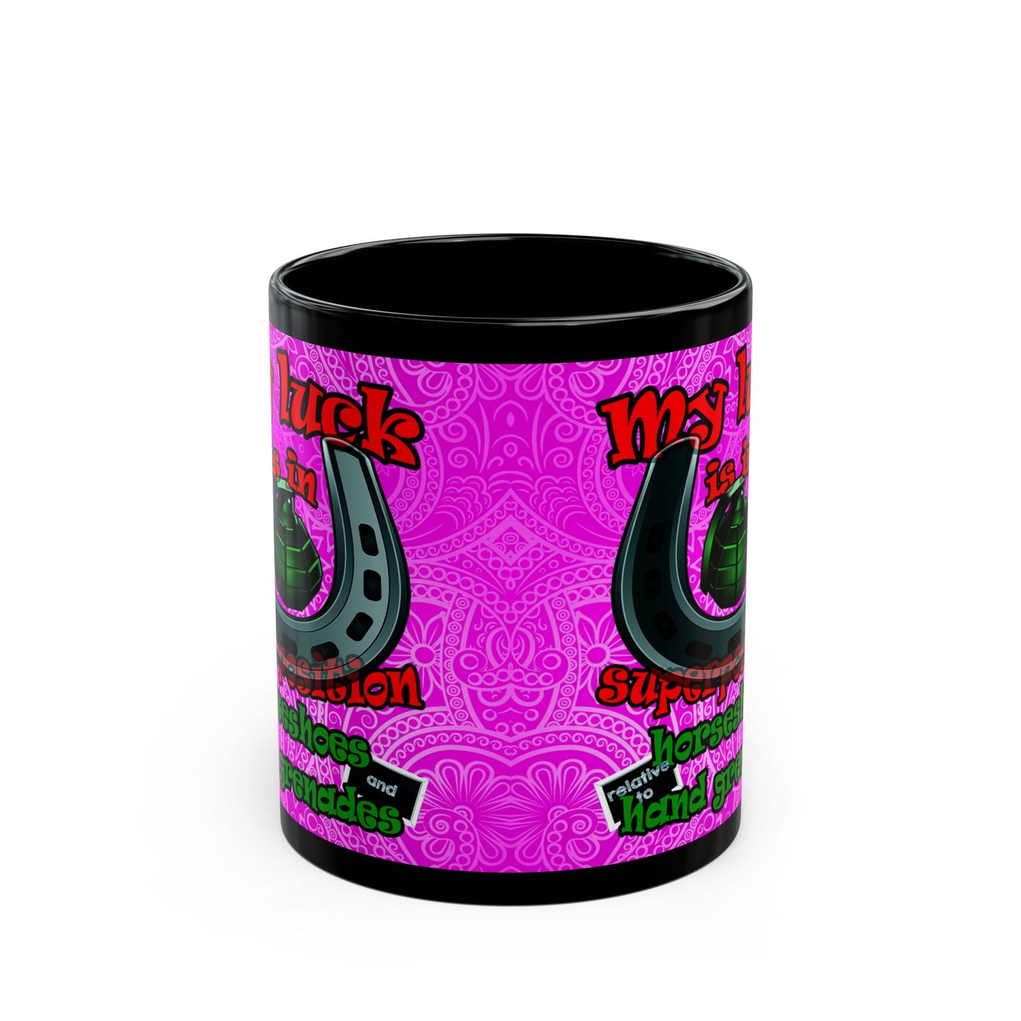 my luck - Black Mug (pink swirl)