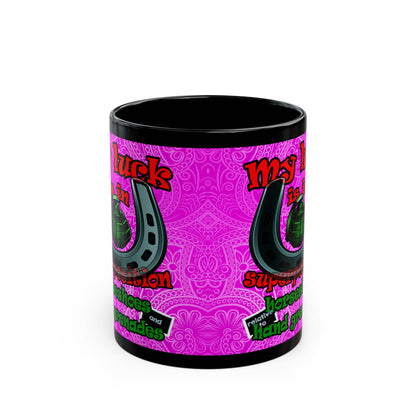 my luck - Black Mug (pink swirl)