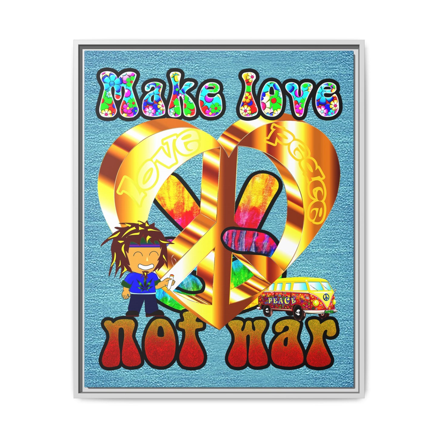 love peace - framed canvas art (faded blue)