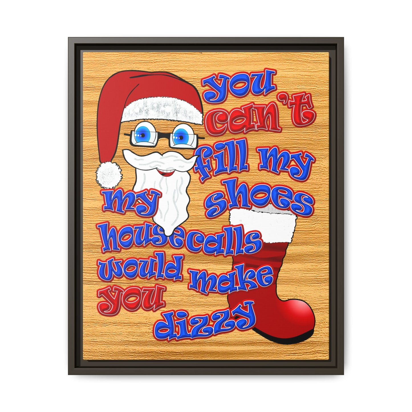 santa's shoes - framed canvas art (butterscotch wood finish)