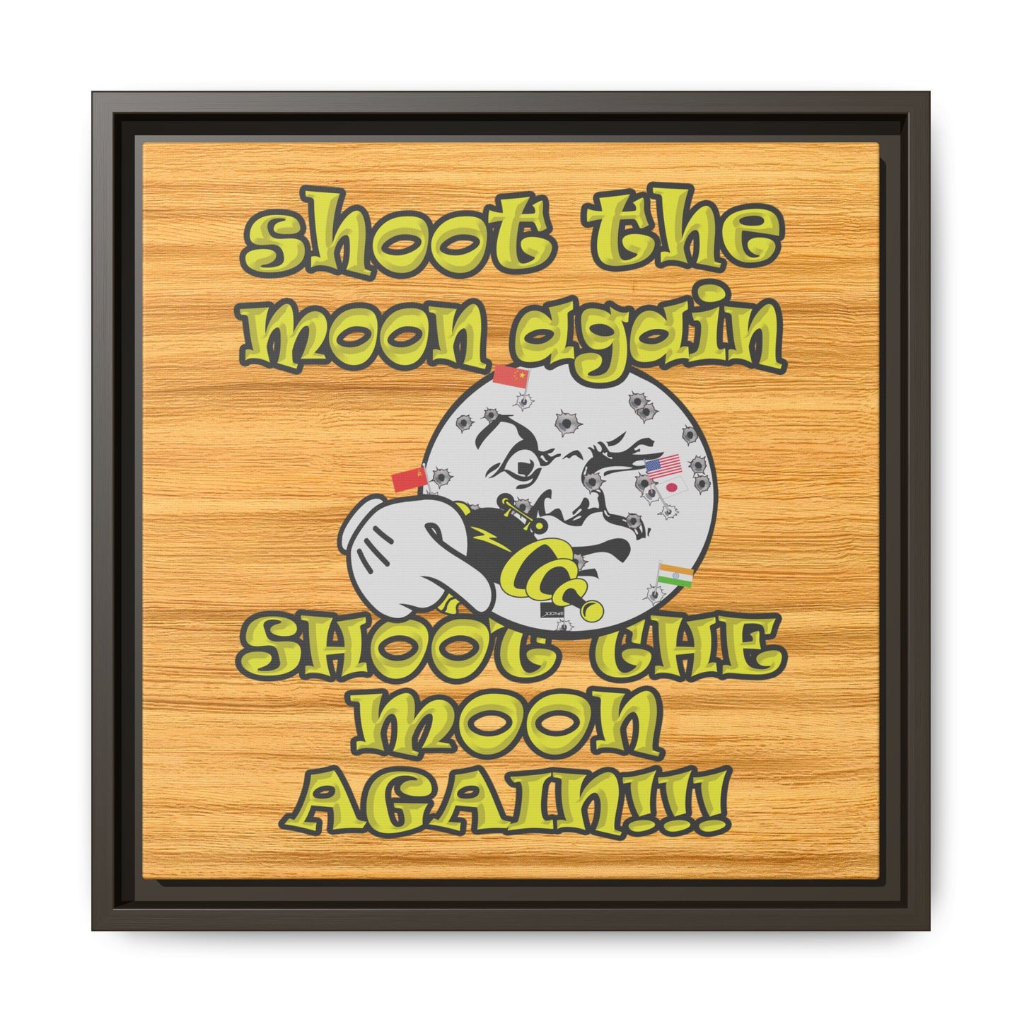shoot the moon again - framed canvas art (butterscotch wood finish)
