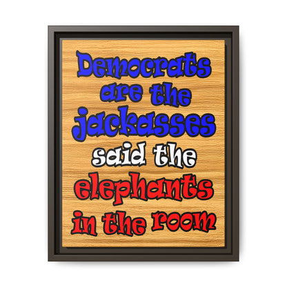 donkeys and elephants - framed canvas art (butterscotch wood finish)