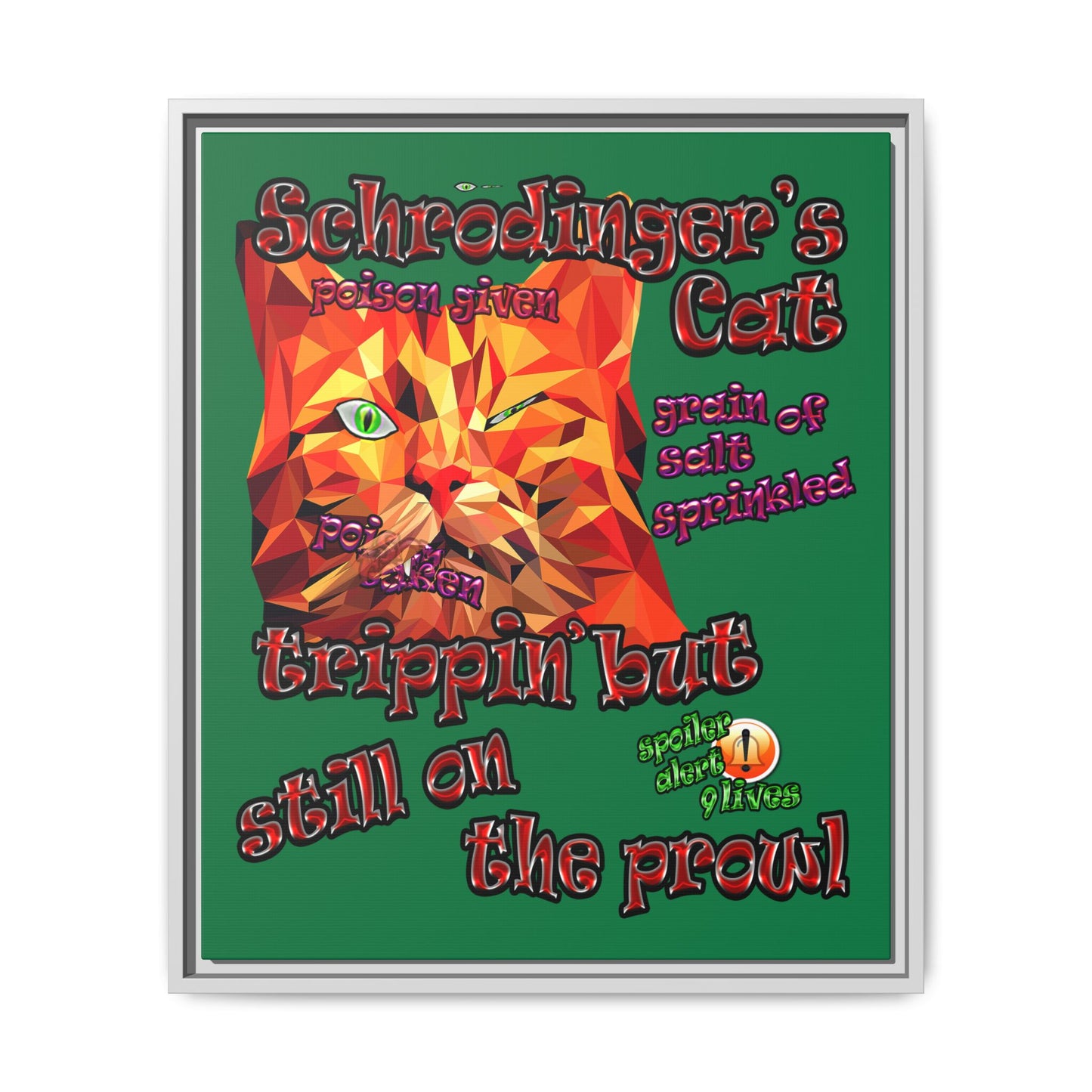 schrodinger's cat - framed canvas art (dark green)