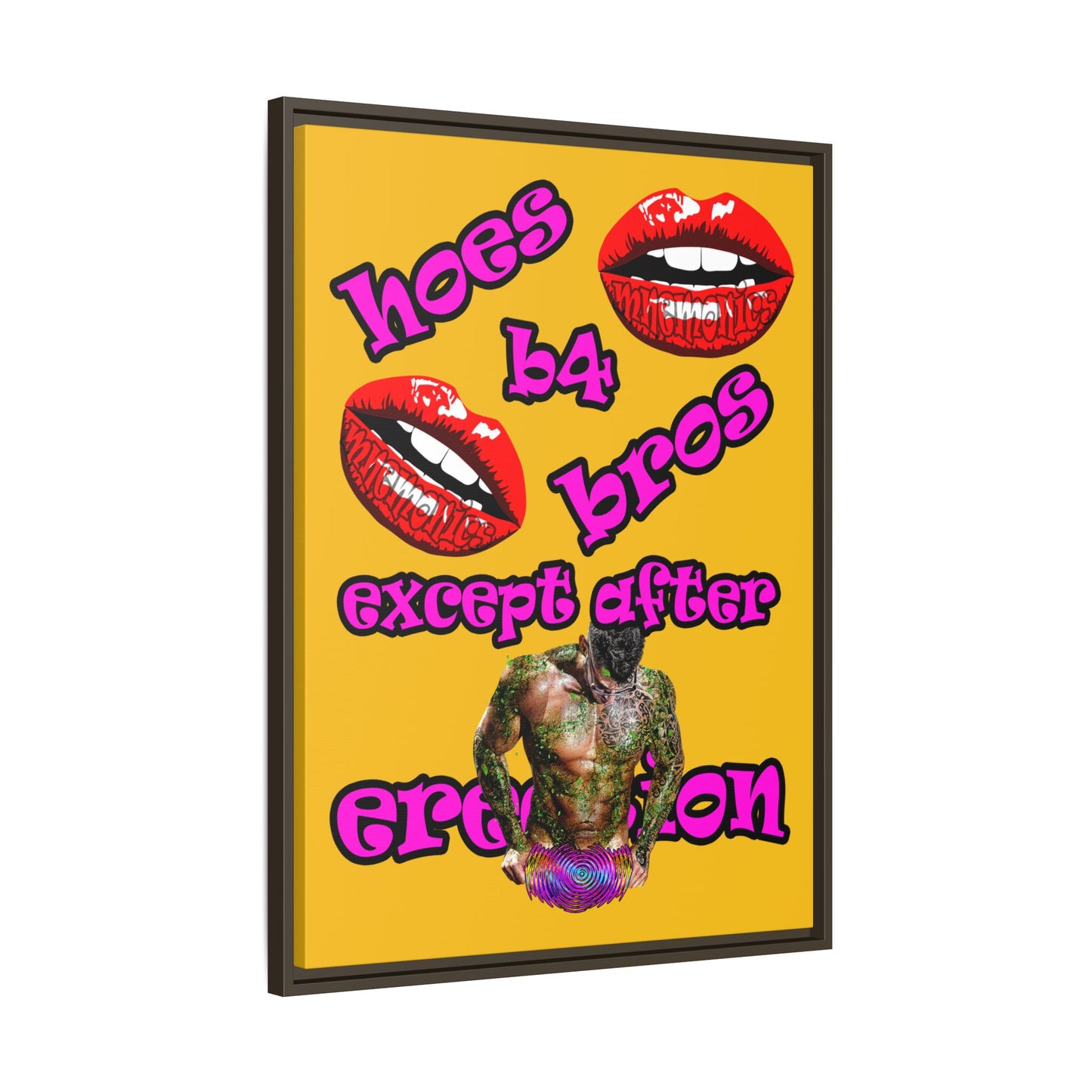 hoes b4 bros - framed canvas art (yellow)