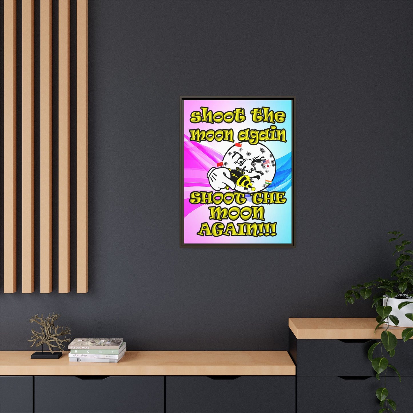 shoot the moon again - framed canvas art (light blue-pink wave)