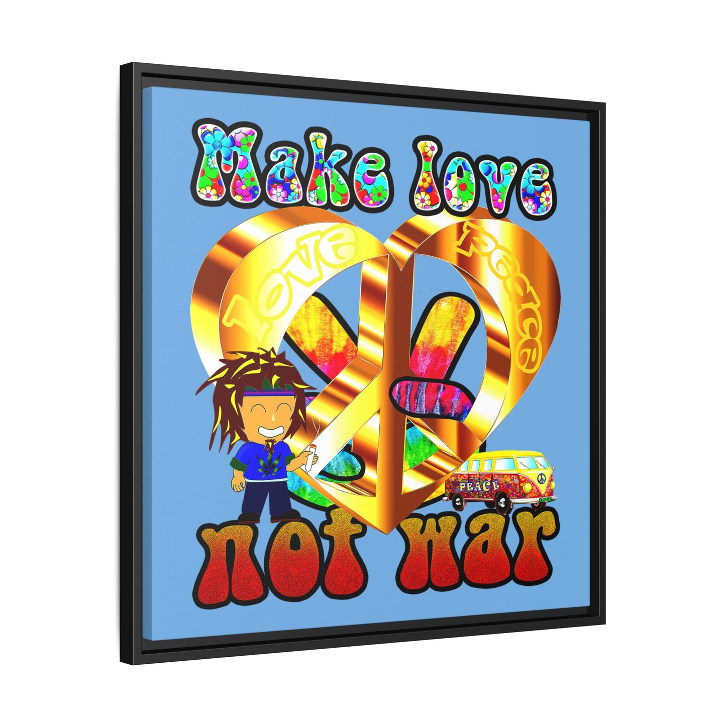 love peace - framed canvas art (light blue)