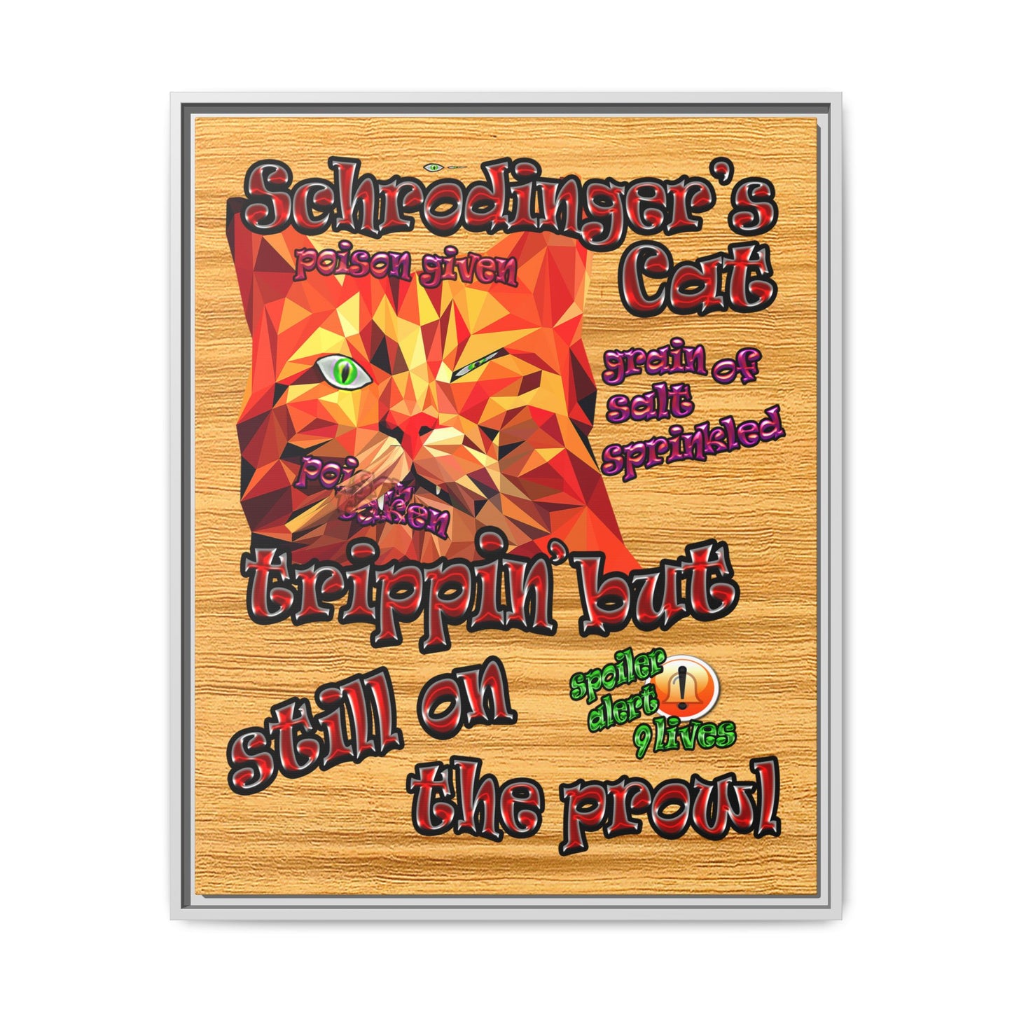 schrodinger's cat - framed canvas art (butterscotch wood finish)