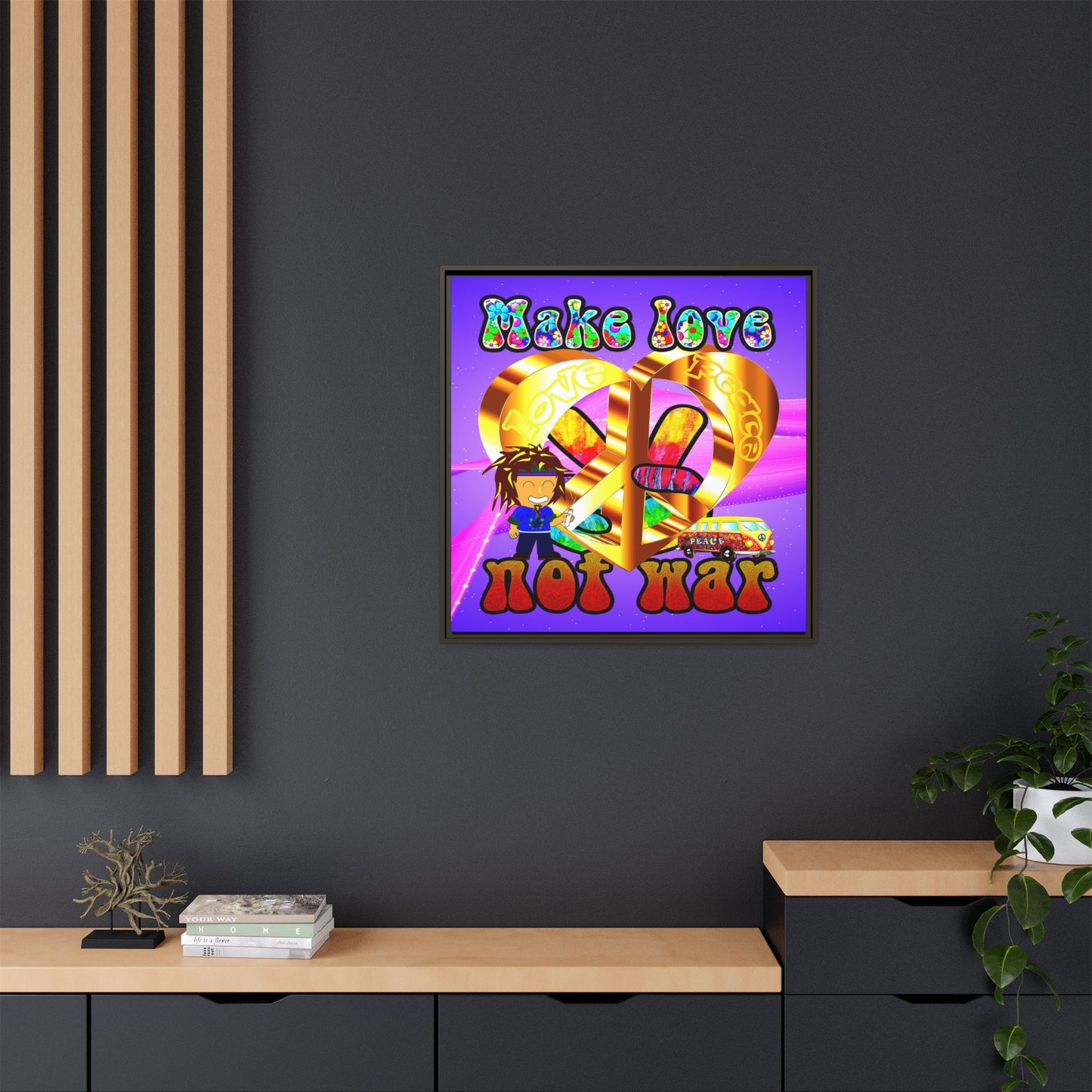love peace - framed canvas art (purple-pink wave)