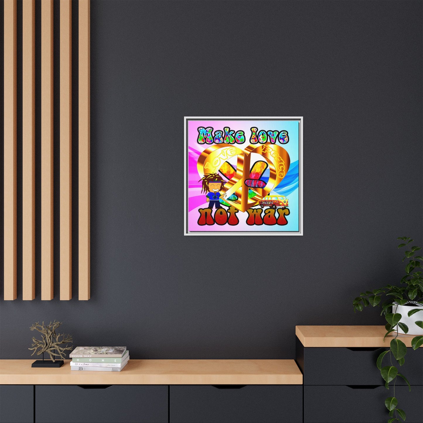love peace - framed canvas art (light blue-pink wave)