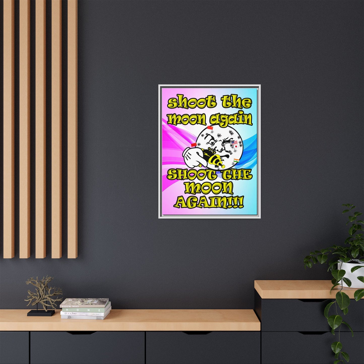 shoot the moon again - framed canvas art (light blue-pink wave)