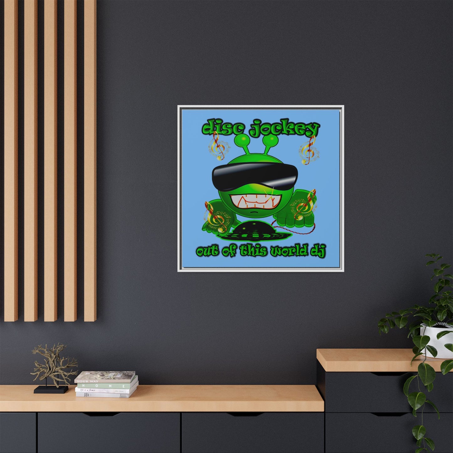 disc jockey - framed canvas art (light blue)