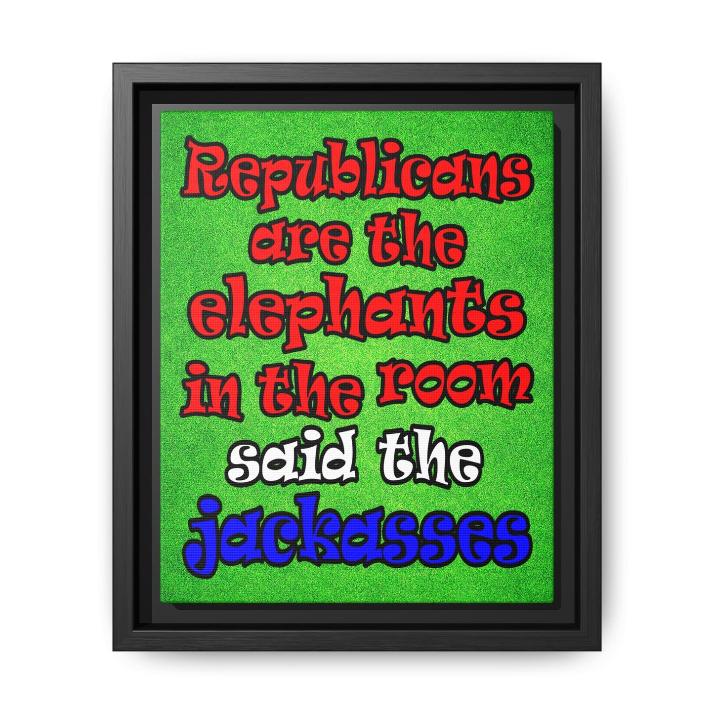 donkeys and elephants - framed canvas art (green turf)