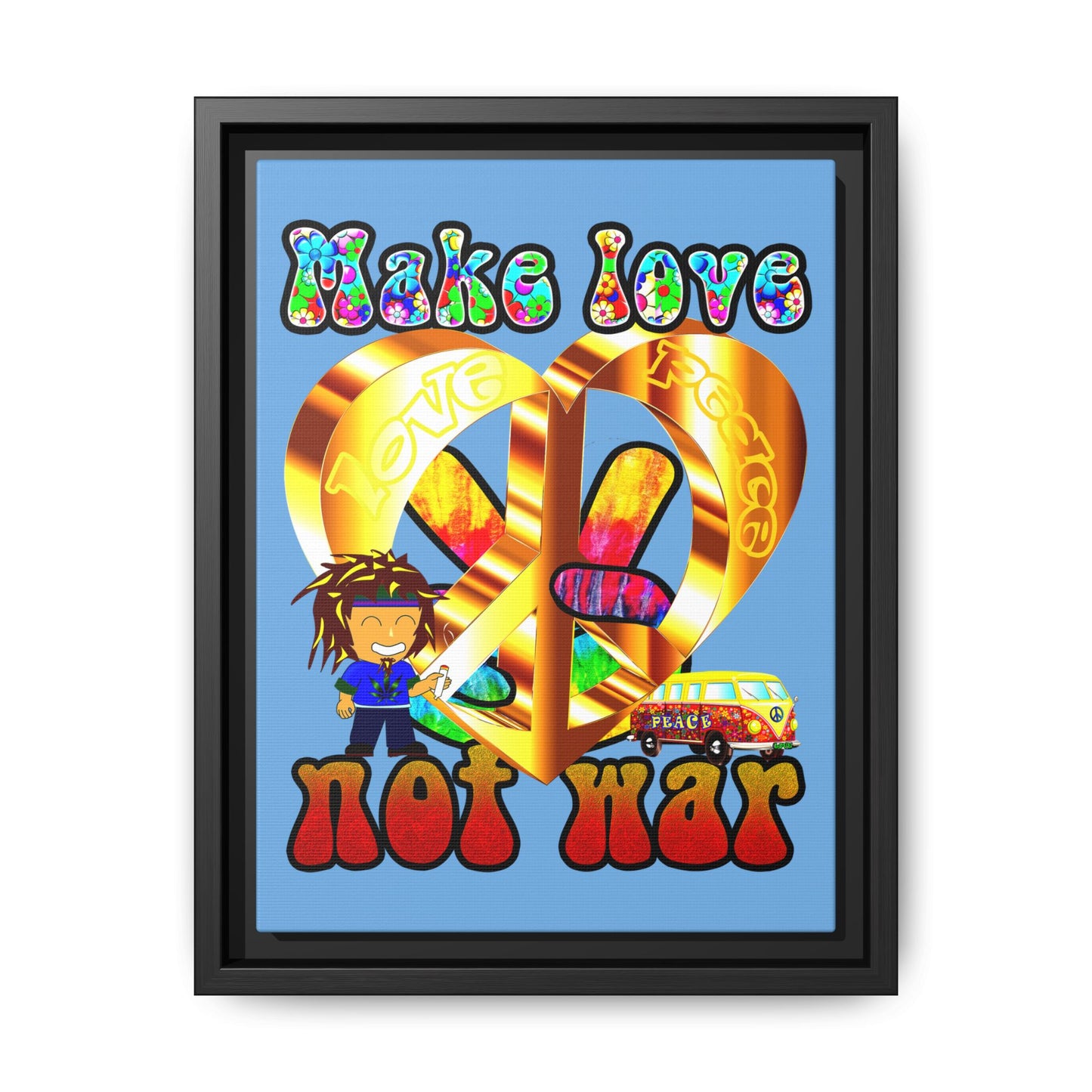 love peace - framed canvas art (light blue)