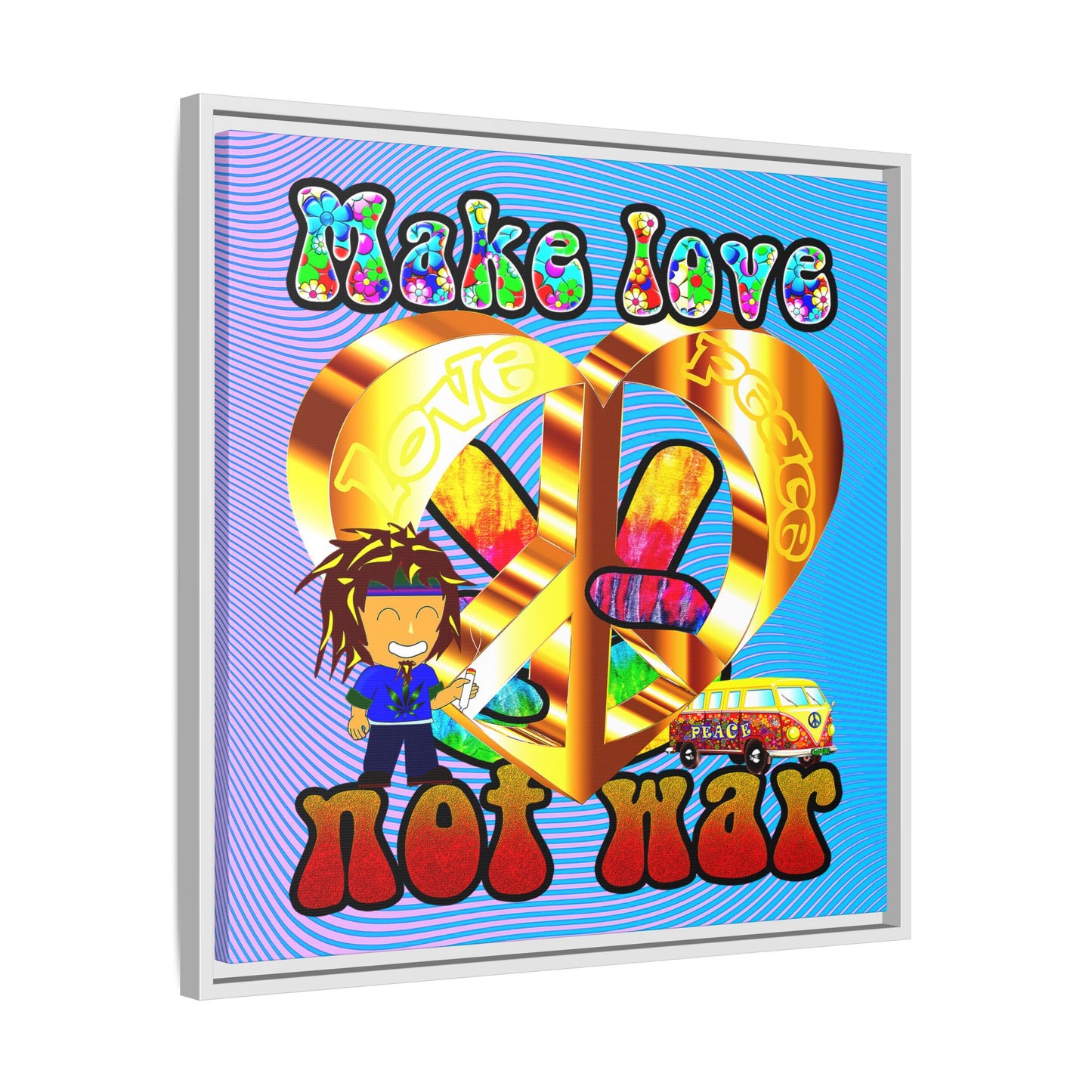 love peace - framed canvas art (light blue-purple wave)