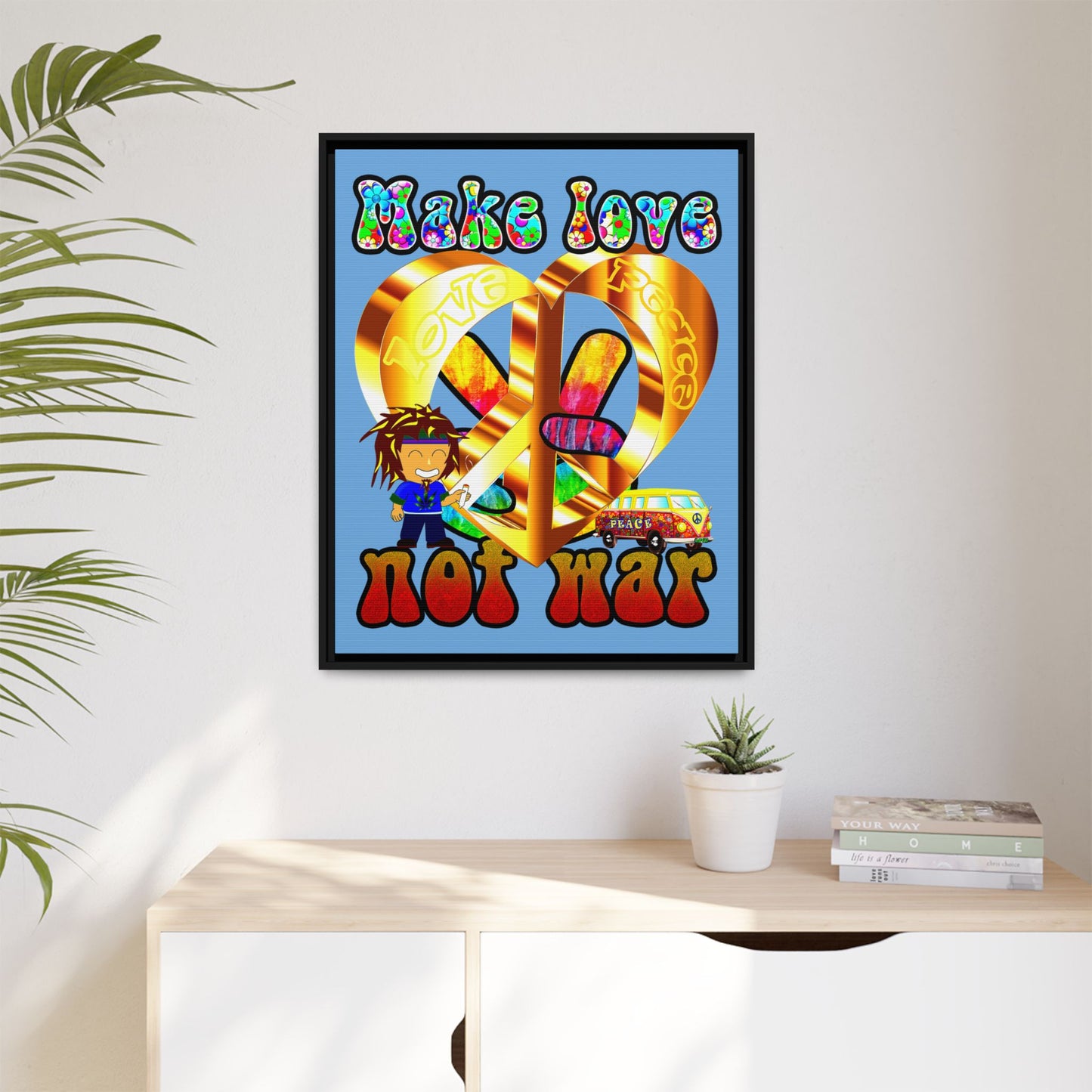 love peace - framed canvas art (light blue)