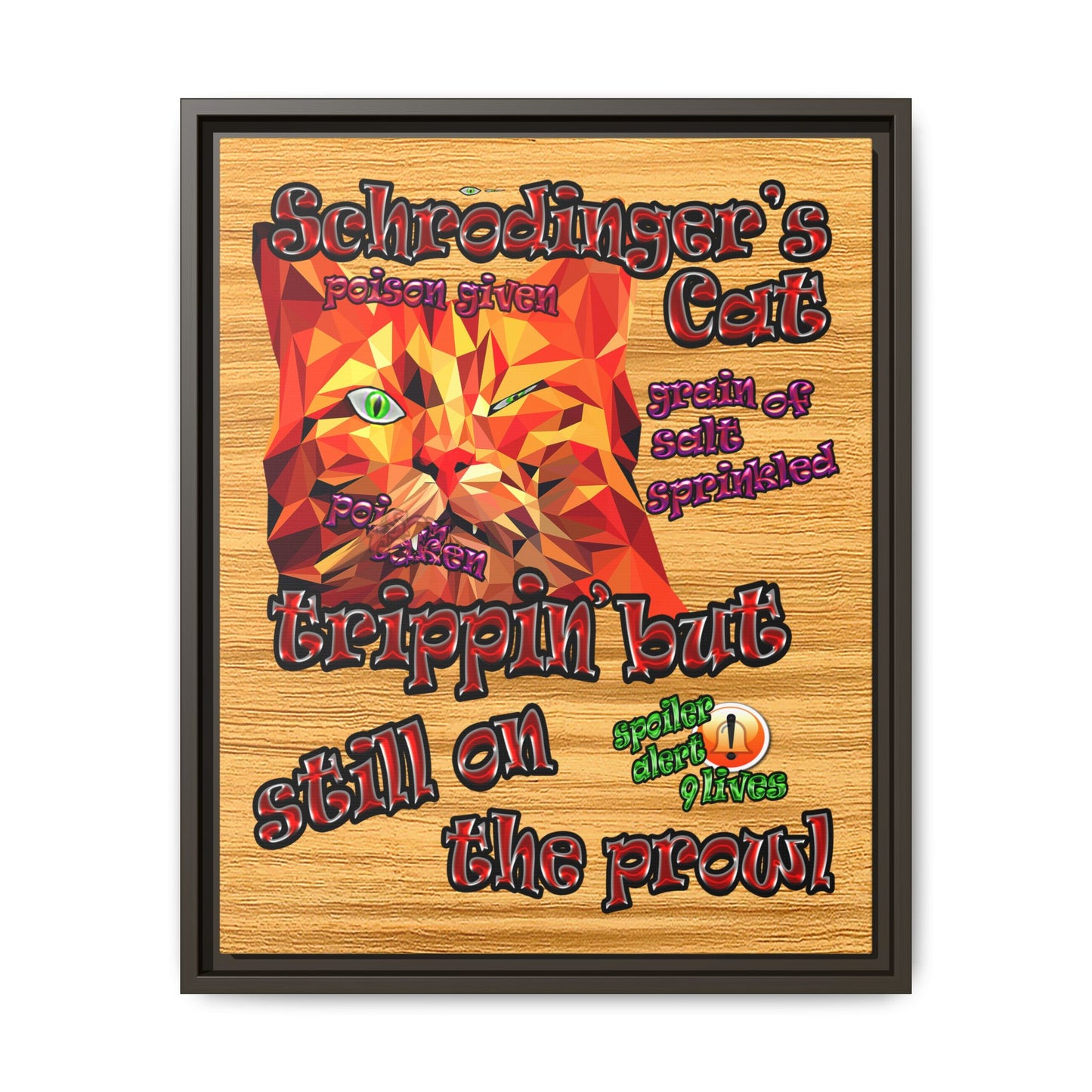 schrodinger's cat - framed canvas art (butterscotch wood finish)