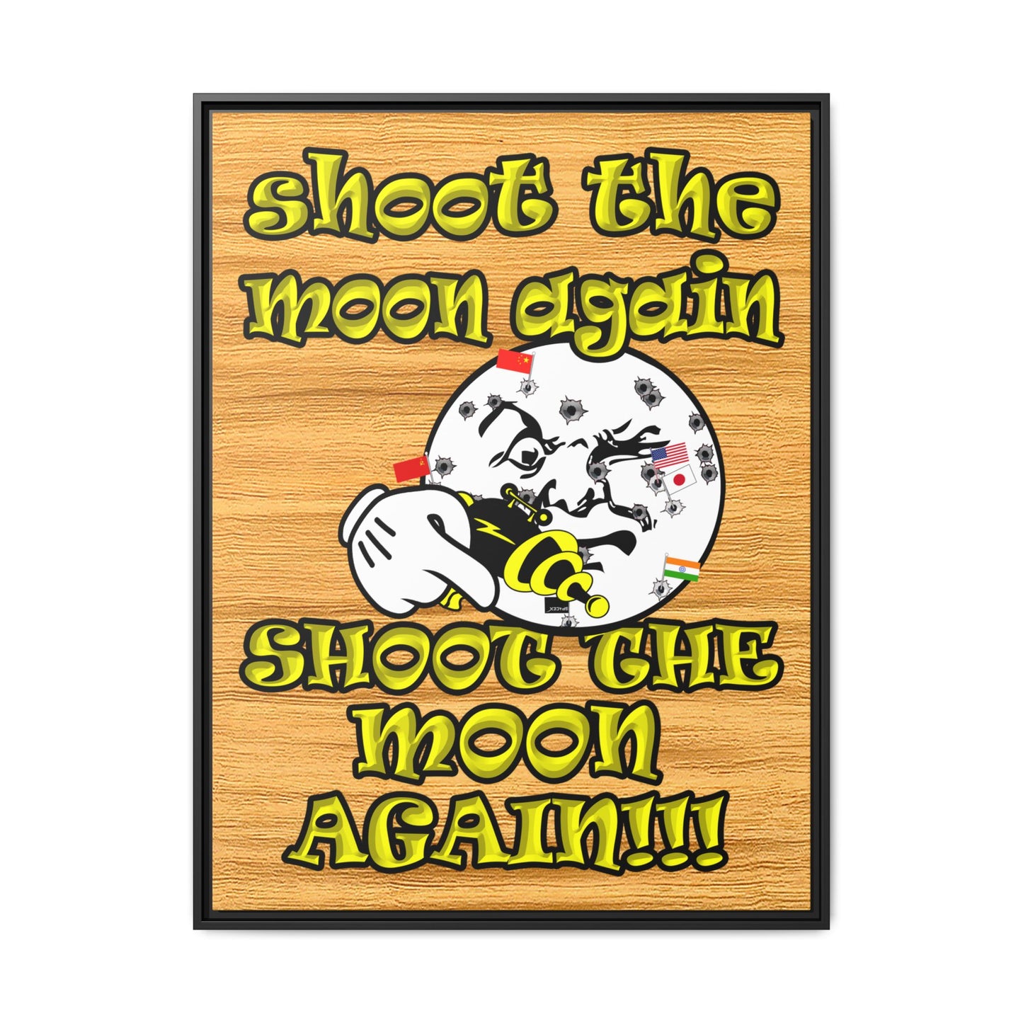shoot the moon again - framed canvas art (butterscotch wood finish)
