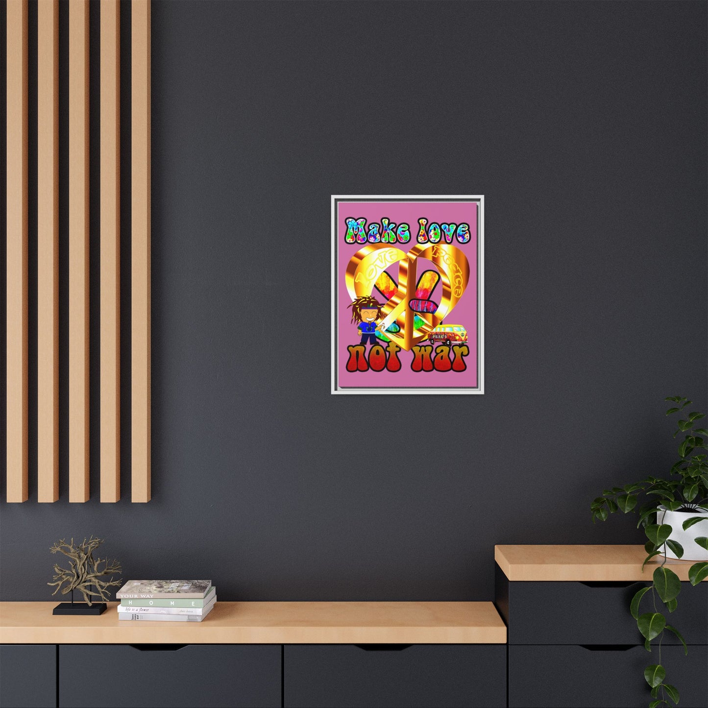 love peace - framed canvas art (light pink)